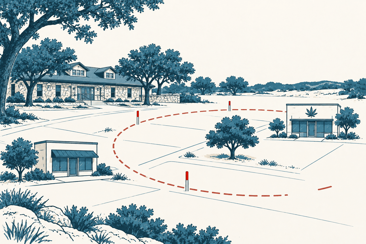 Stylized cream and muted-blue illustration of two small hemp shops, a nearby stone building and a red dashed boundary marking a proposed zoning buffer.