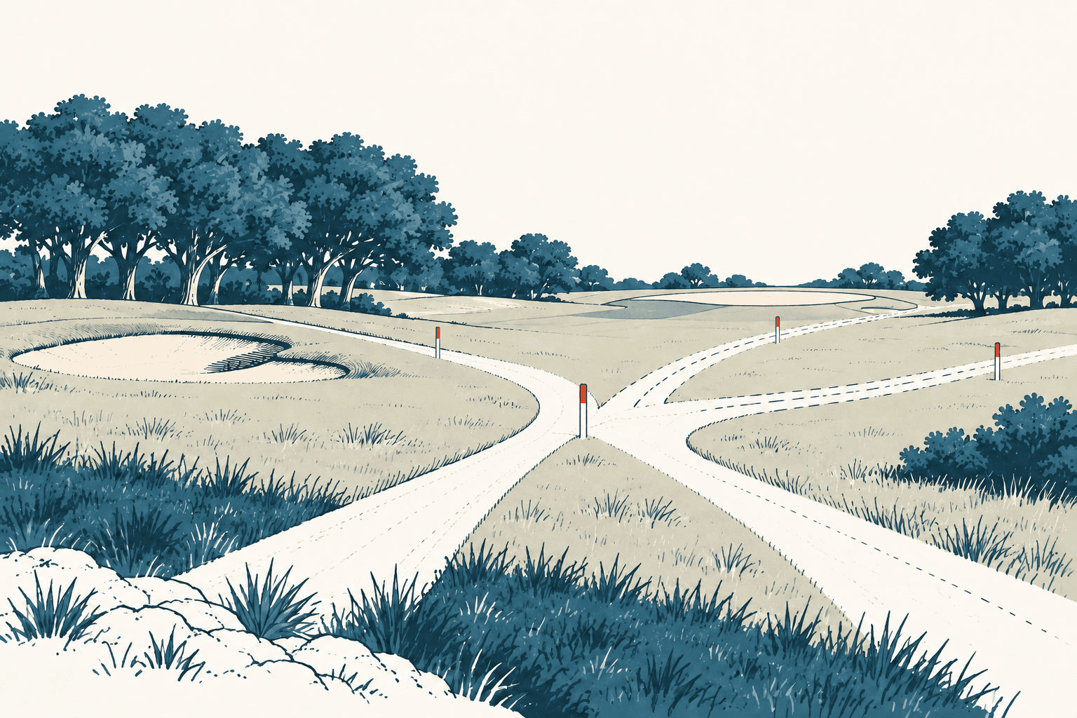 Airy cream and muted-blue illustration of rural roads branching across open fields, symbolizing competing project priorities.