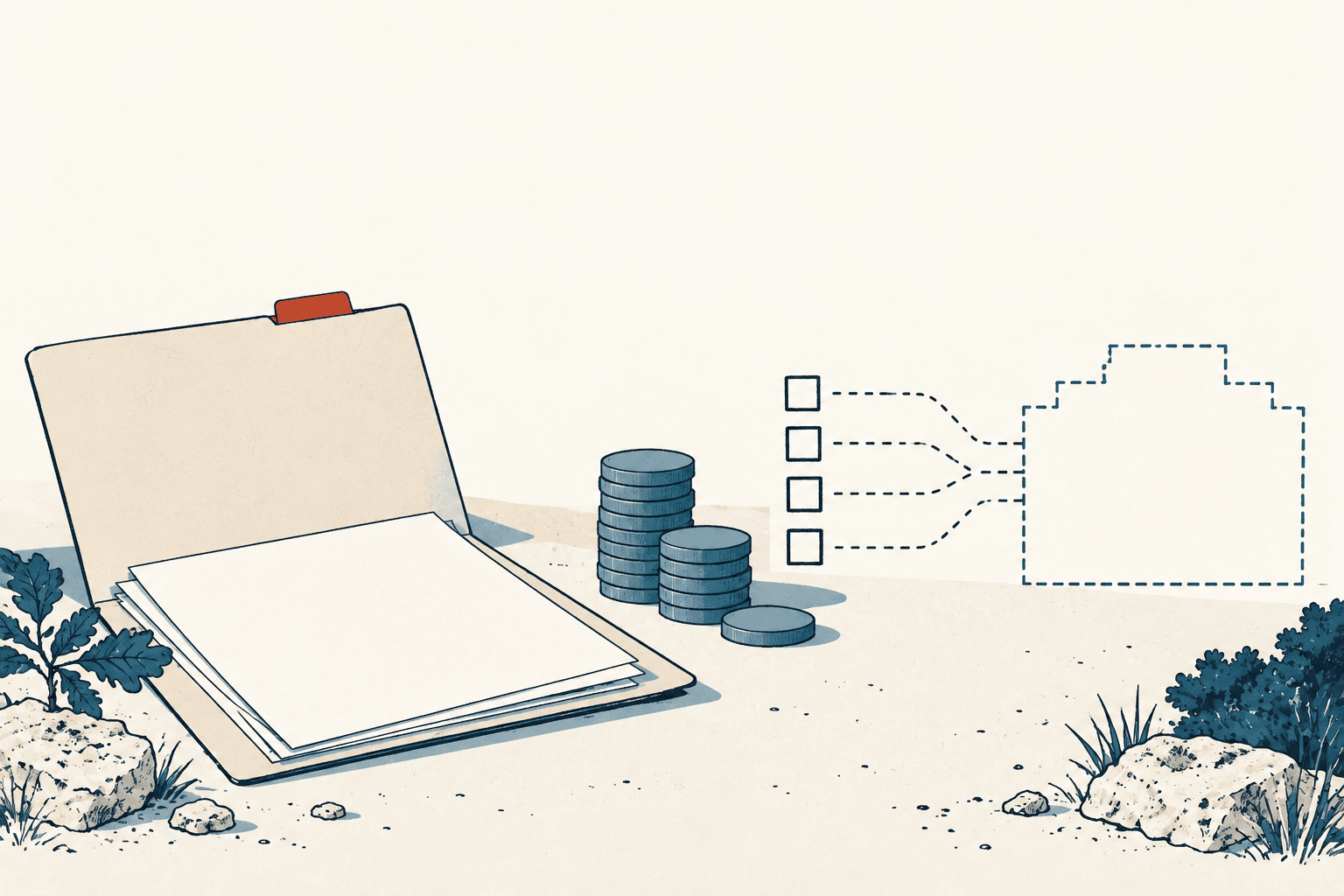 An open folder with blank documents and stacks of coins sits beside a checklist whose dotted lines lead to the outline of a factory.