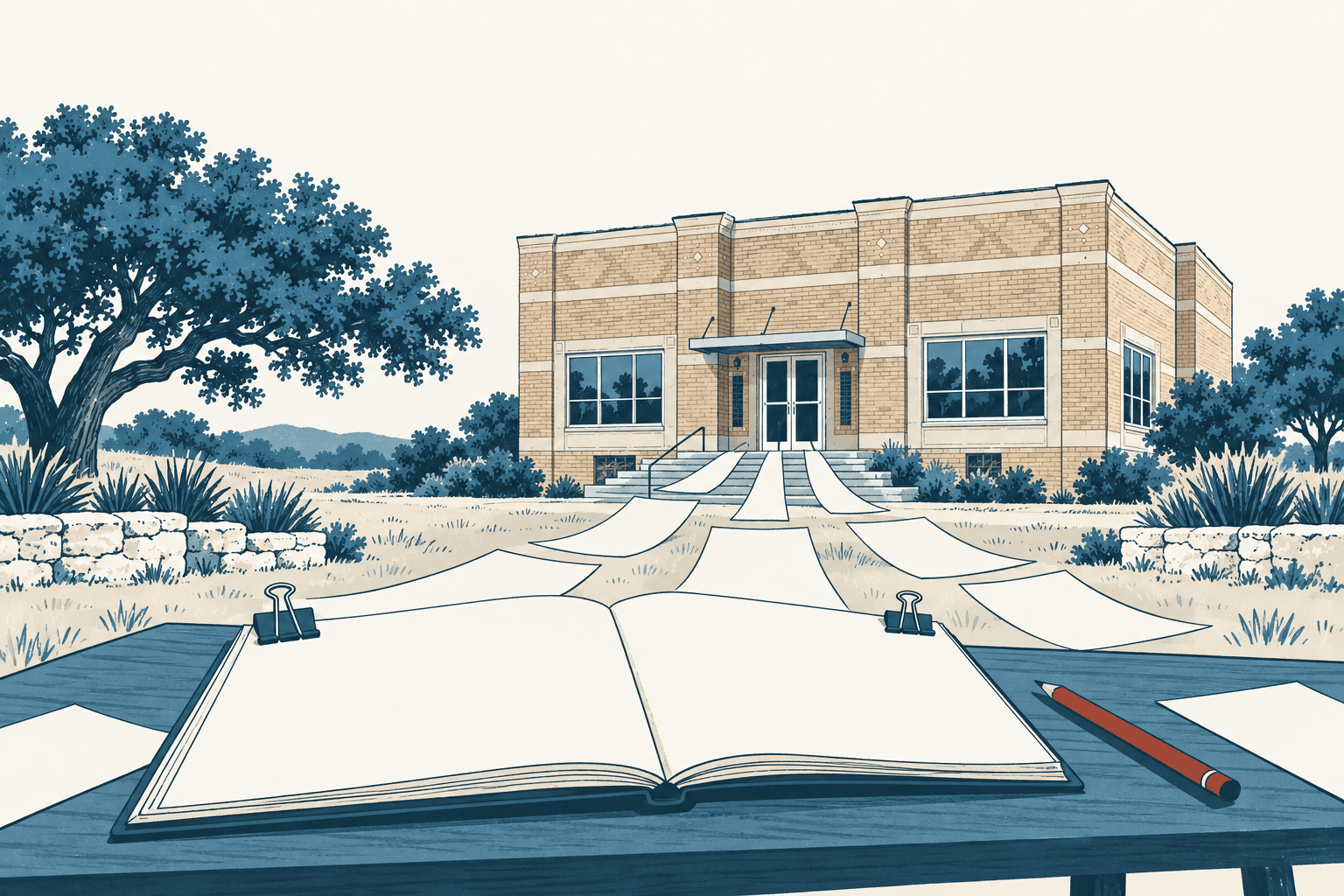 Airy cream, navy and muted-blue illustration of an open notebook, pencil and loose pages leading toward a civic building, representing public participation in a city charter rewrite.