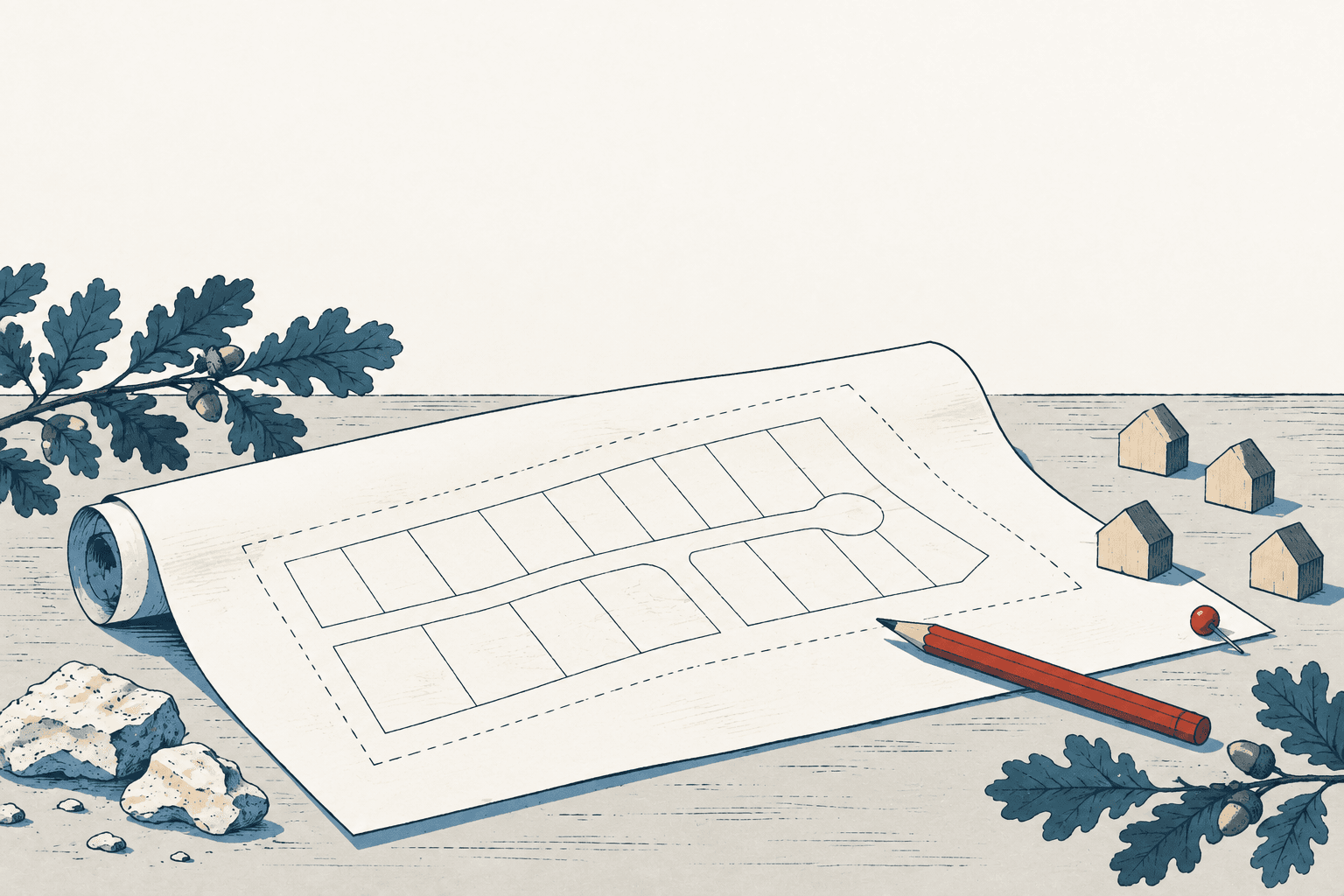 An illustrated subdivision site plan lies beside a red pencil and several wooden model houses, framed by oak branches and stones.