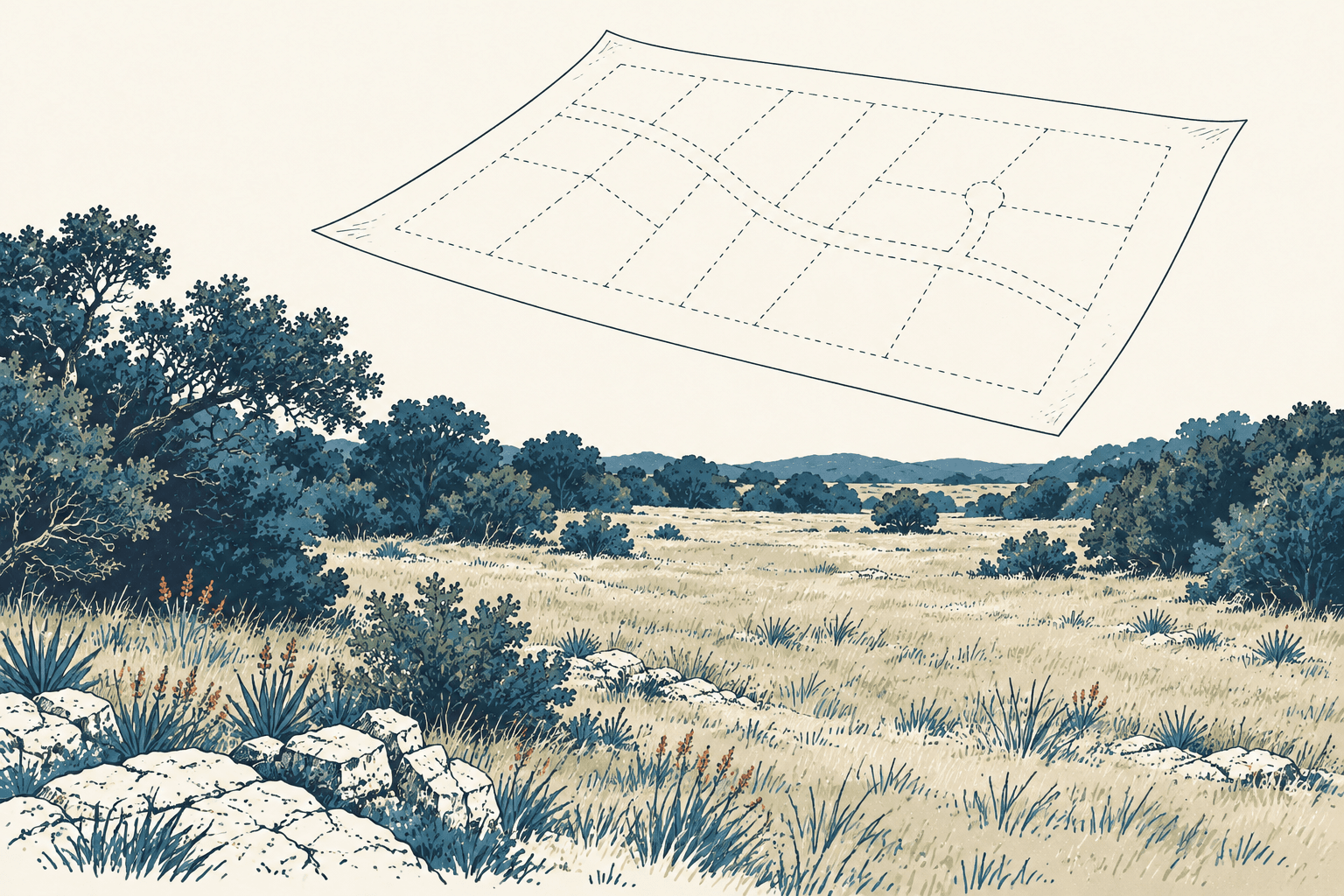 A blank parcel map floats above a grassy landscape with shrubs, trees and rocks.