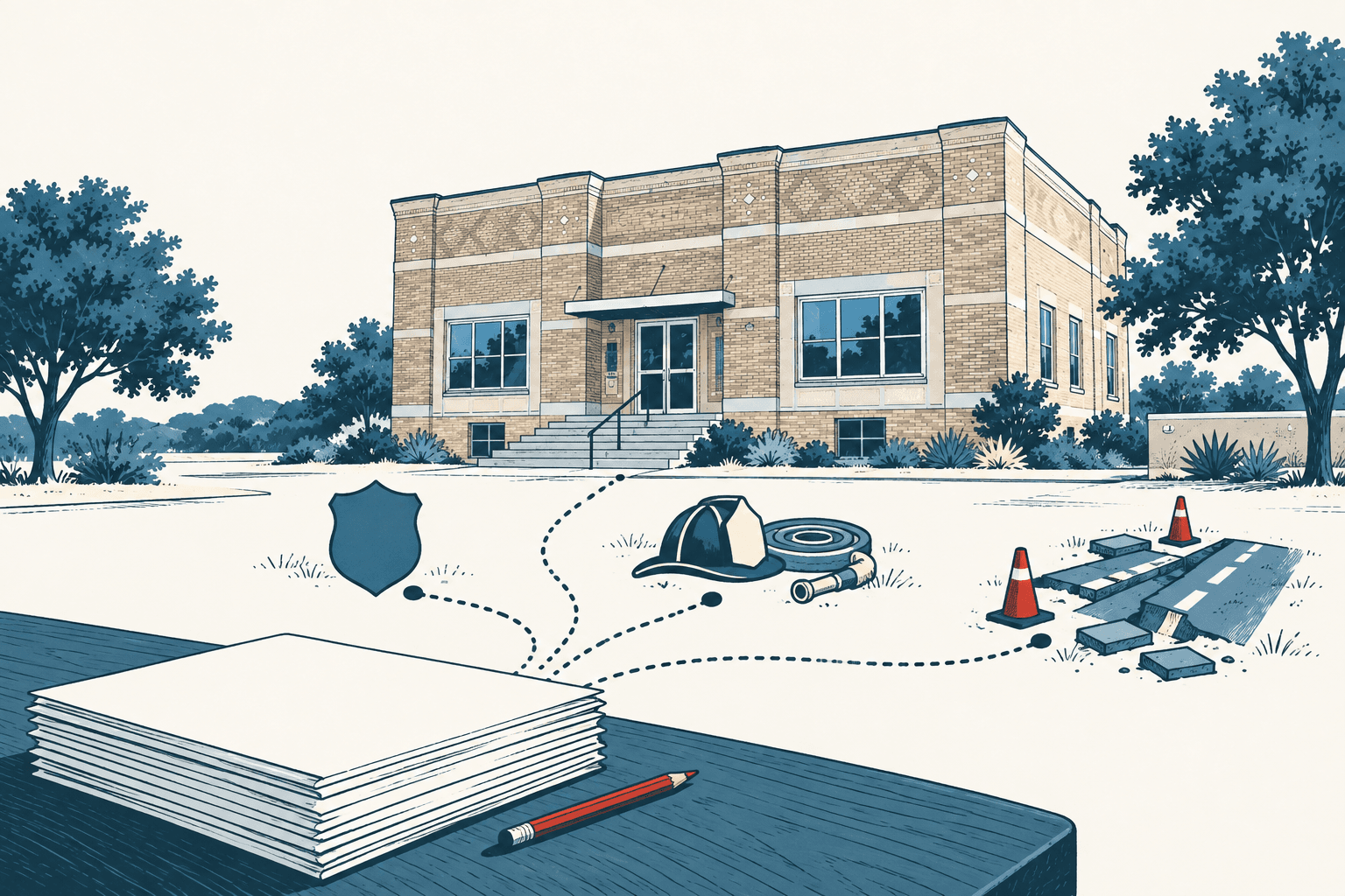 Stylized cream, navy and muted-blue illustration of a municipal building with budget papers and a pencil in the foreground, alongside a police badge, firefighter helmet and hose, and a road-repair area marked by orange cones.