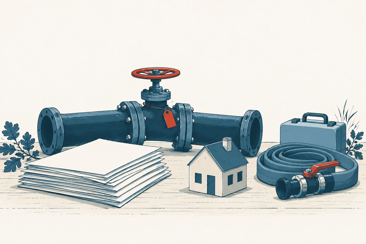 Editorial illustration of a large blue pipeline and valve behind stacked papers, a small house, coiled hose and equipment case on a cream background.