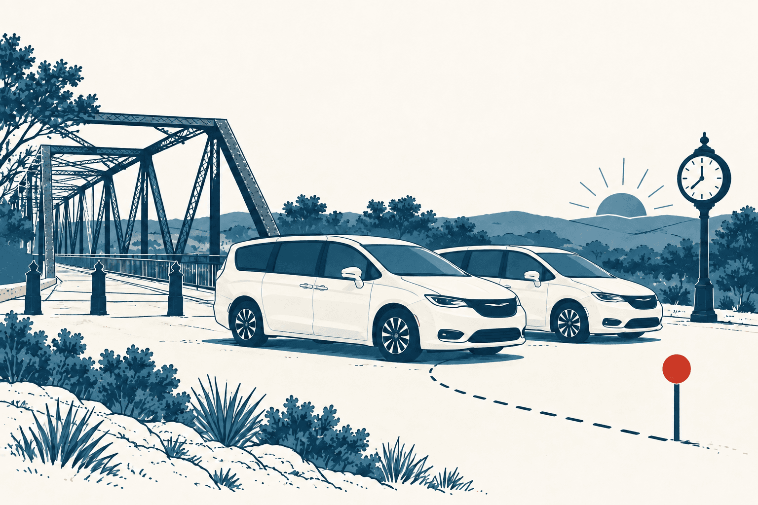 Stylized cream, navy and muted-blue illustration of two white microtransit vans beside a steel bridge, with a street clock and rising sun suggesting an earlier daily start.