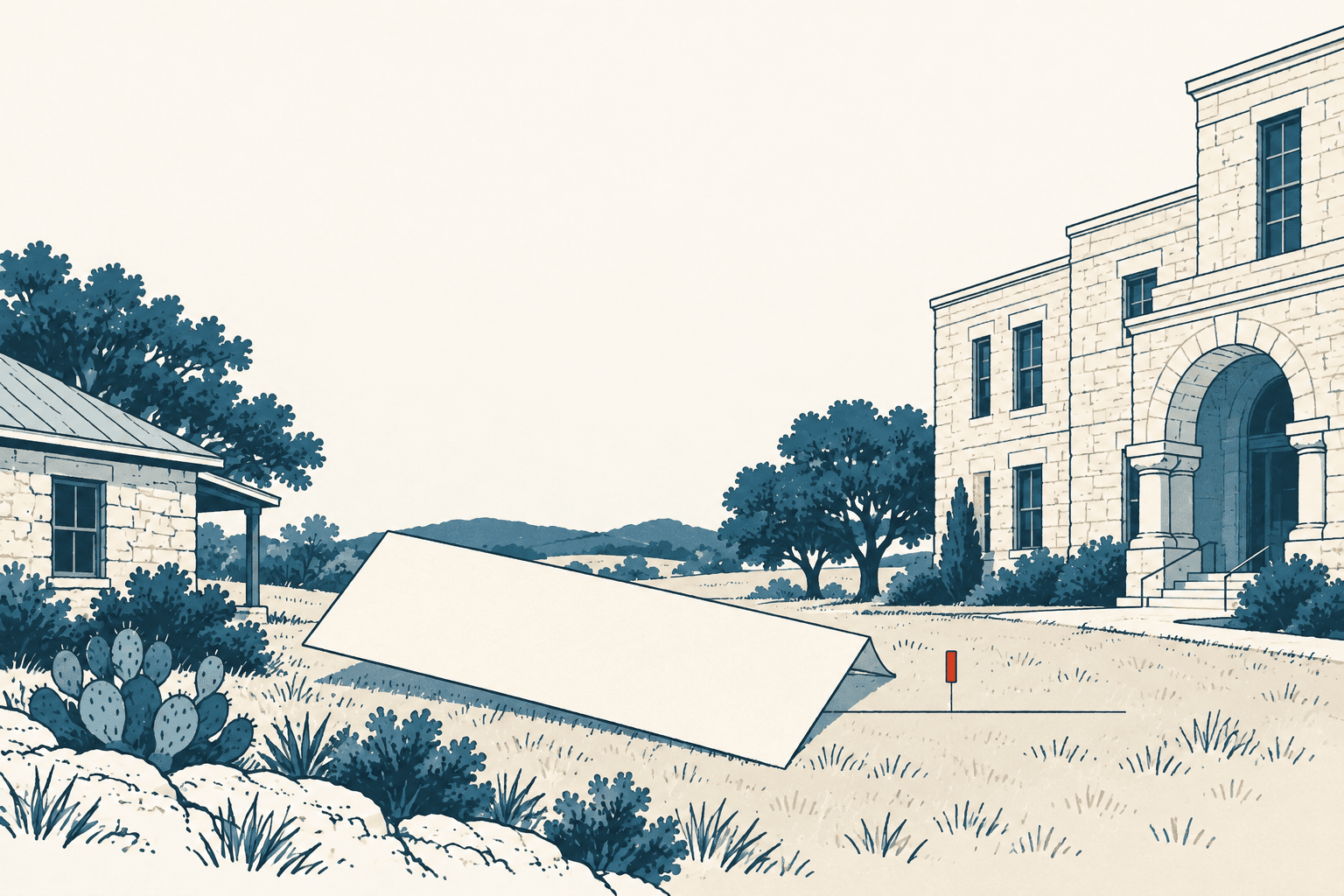 Airy cream-and-navy illustration of a county building and rural homestead with a blank document and property marker in the foreground.