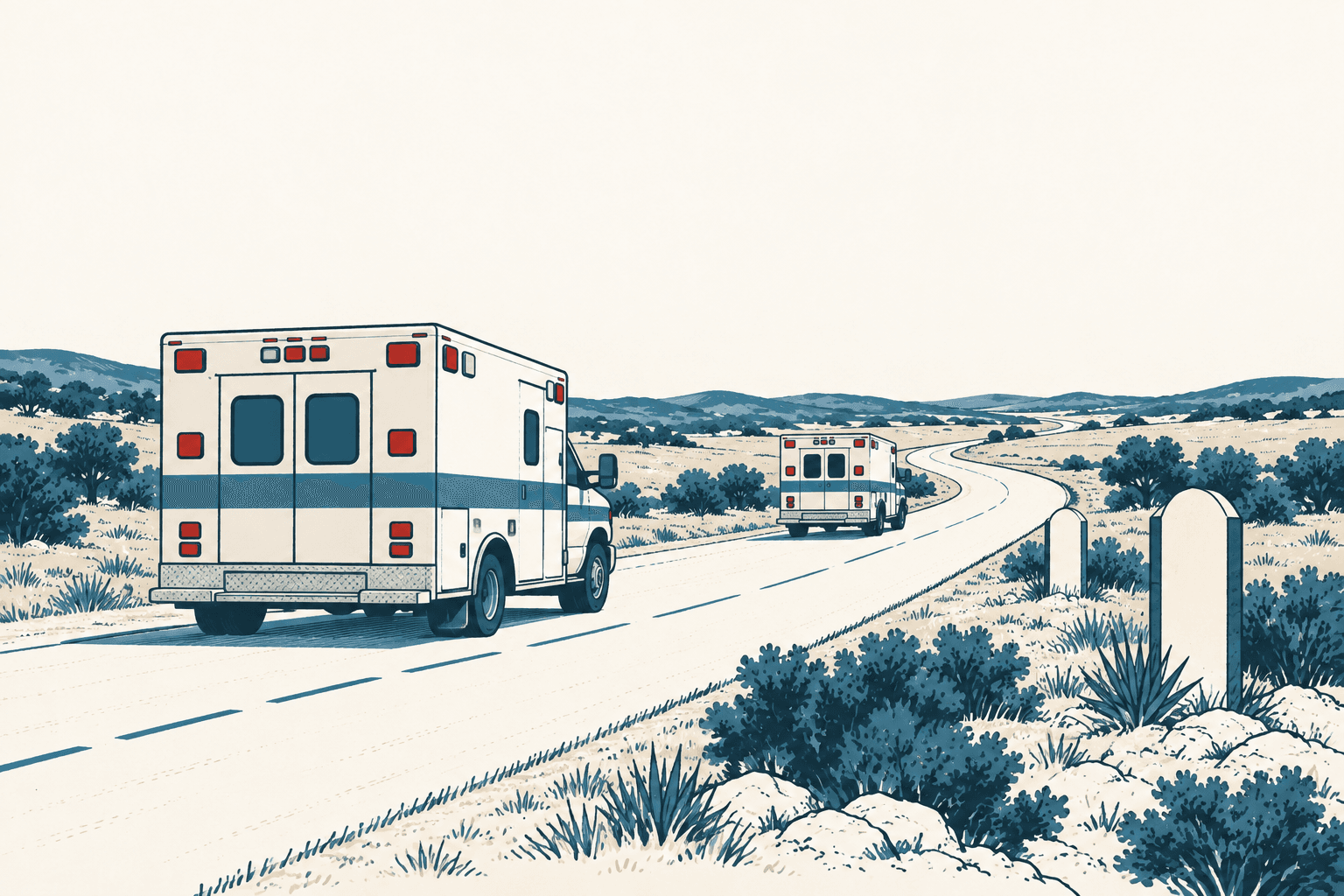 Editorial illustration of two ambulances driving along a winding rural highway through an open, brush-covered landscape.