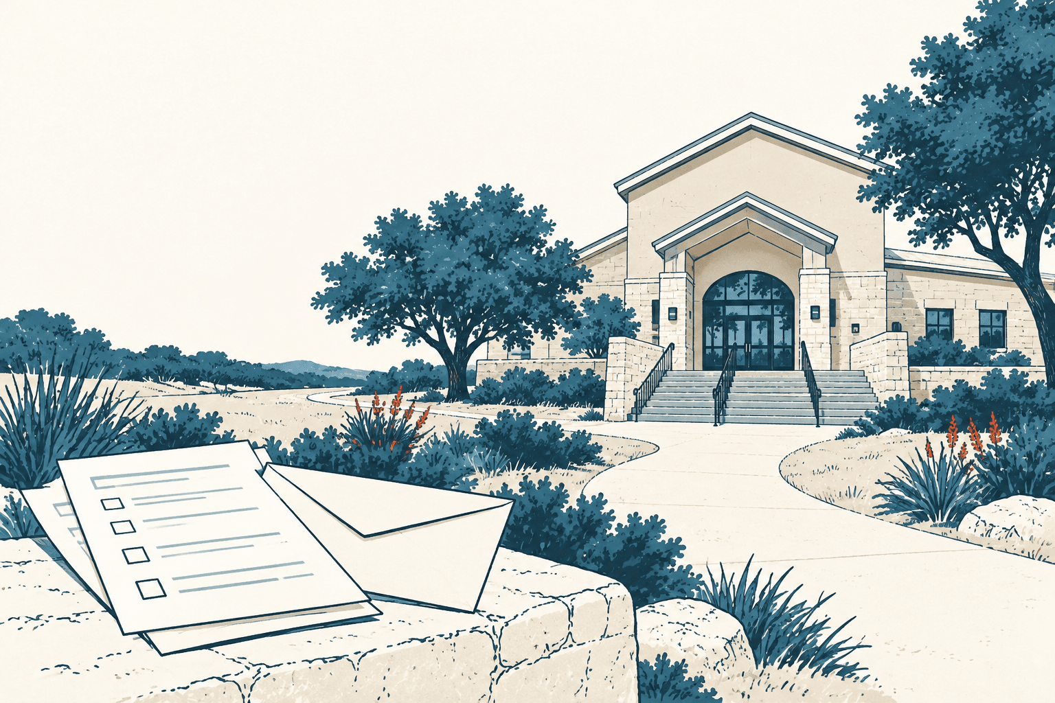 Illustrated blank checklist and envelope on a stone ledge beside a path leading to a civic building, with blue trees and shrubs.