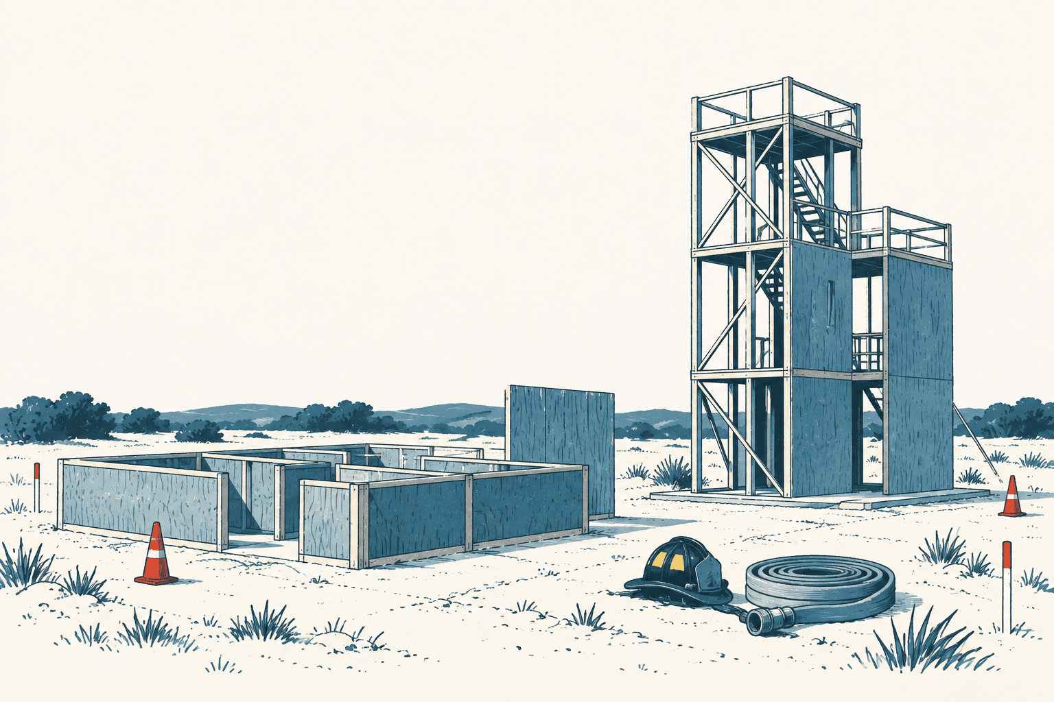 Airy cream and muted-blue illustration of an outdoor firefighter training site with a tall burn tower, low practice structures, a coiled hose, helmet and safety cones.