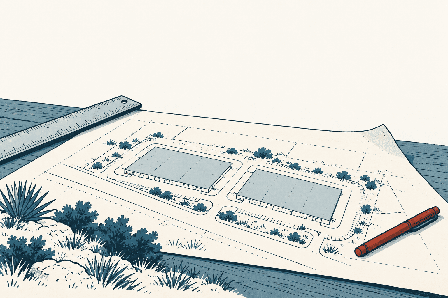 Stylized cream-and-navy illustration of a warehouse site plan on a drafting table, showing two large buildings, parking lots, landscaped borders, a ruler and a red pen.