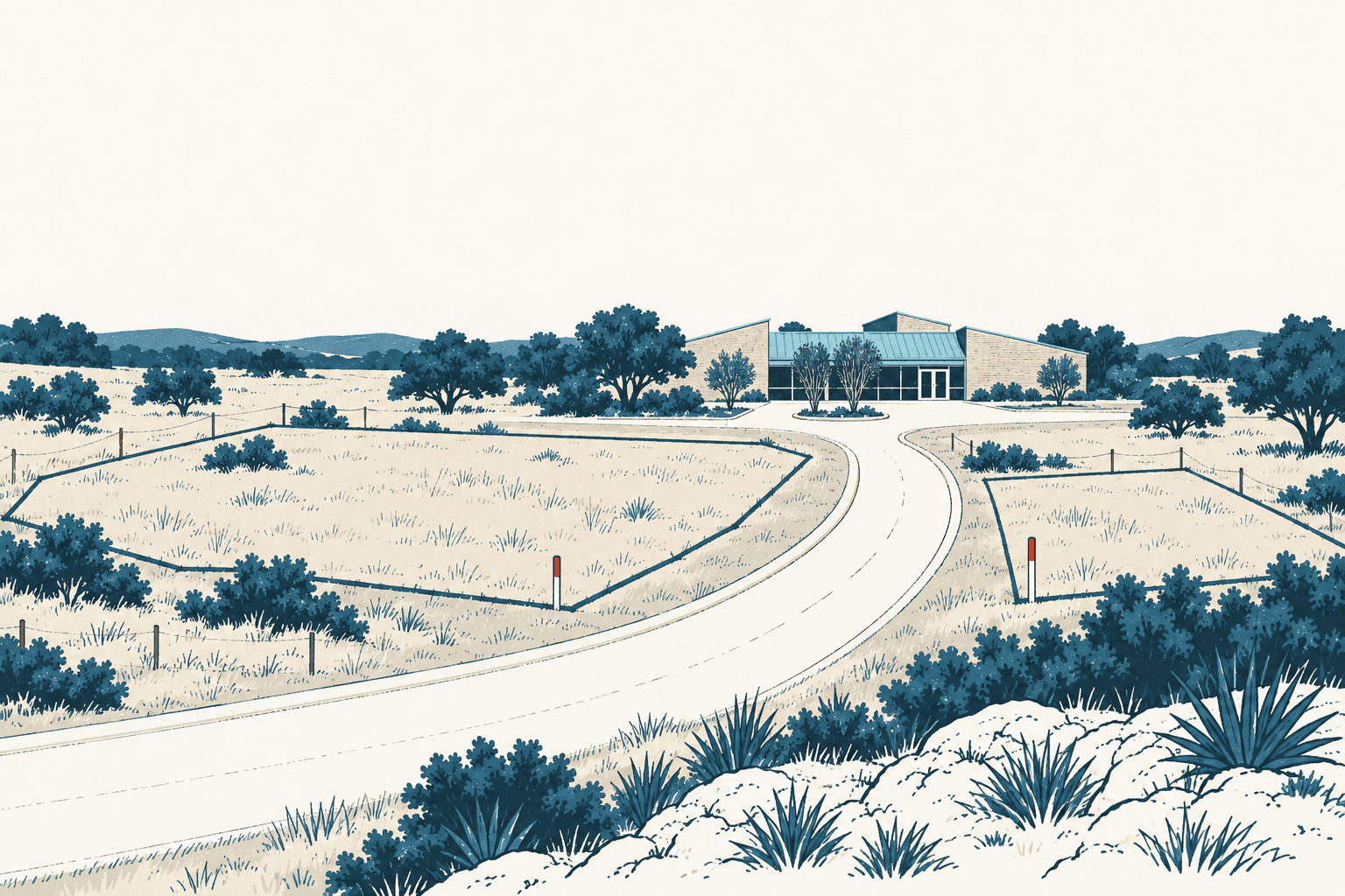 Editorial illustration of a curving rural road leading to a modern building, with outlined land parcels, fields, shrubs and low hills in cream, navy and muted blue.