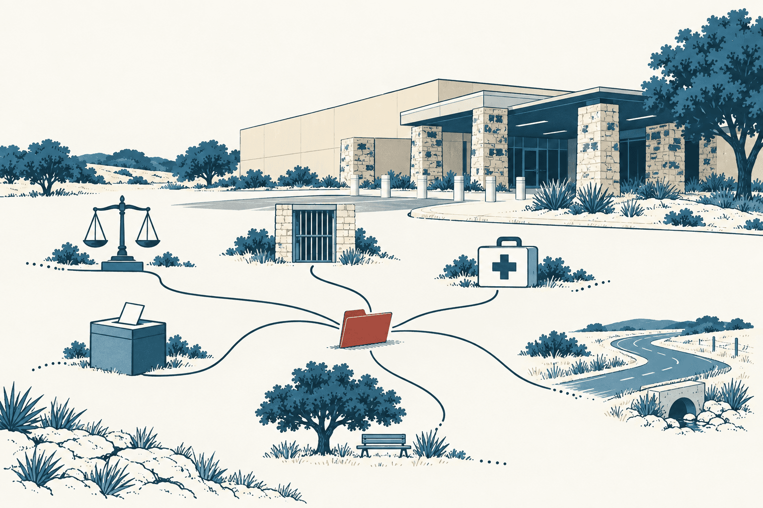 Editorial illustration of a county building behind a central red folder linked to symbols for courts, jail, public health, elections, parks and roads.