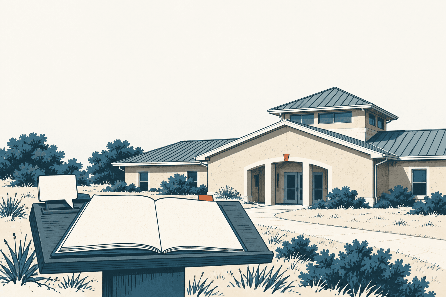 Stylized cream, navy and muted-blue illustration of an open book on a lectern outside a civic building, symbolizing public review of a municipal budget.