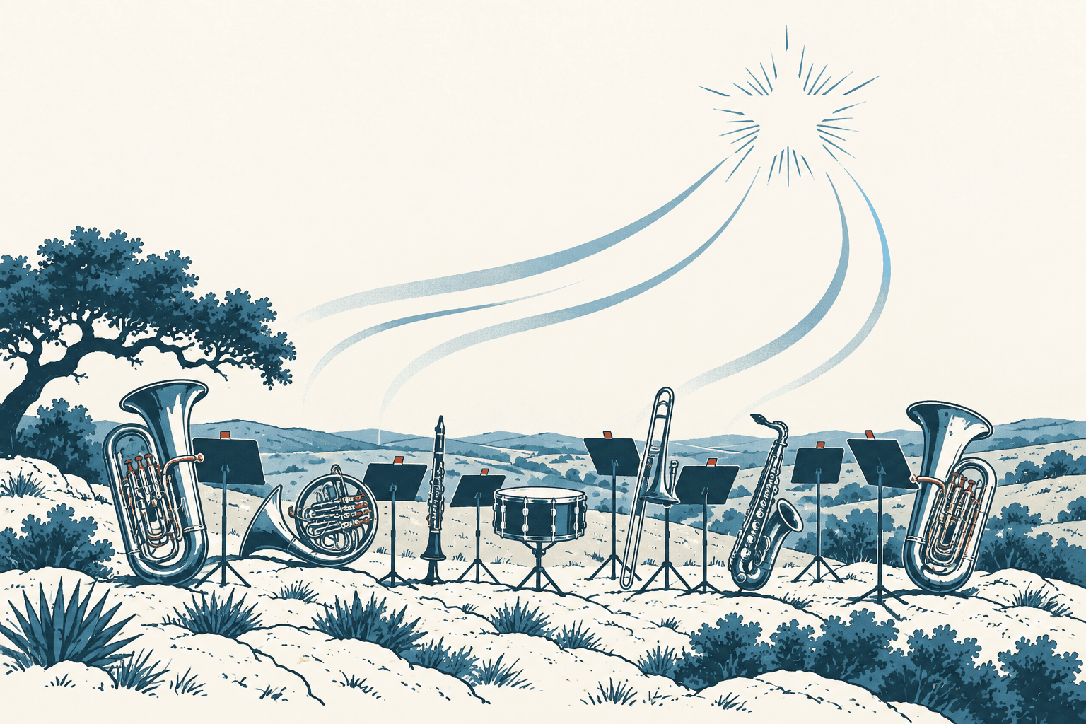 Stylized cream, navy and muted-blue illustration of brass, woodwind and percussion instruments with music stands in a Texas Hill Country landscape.