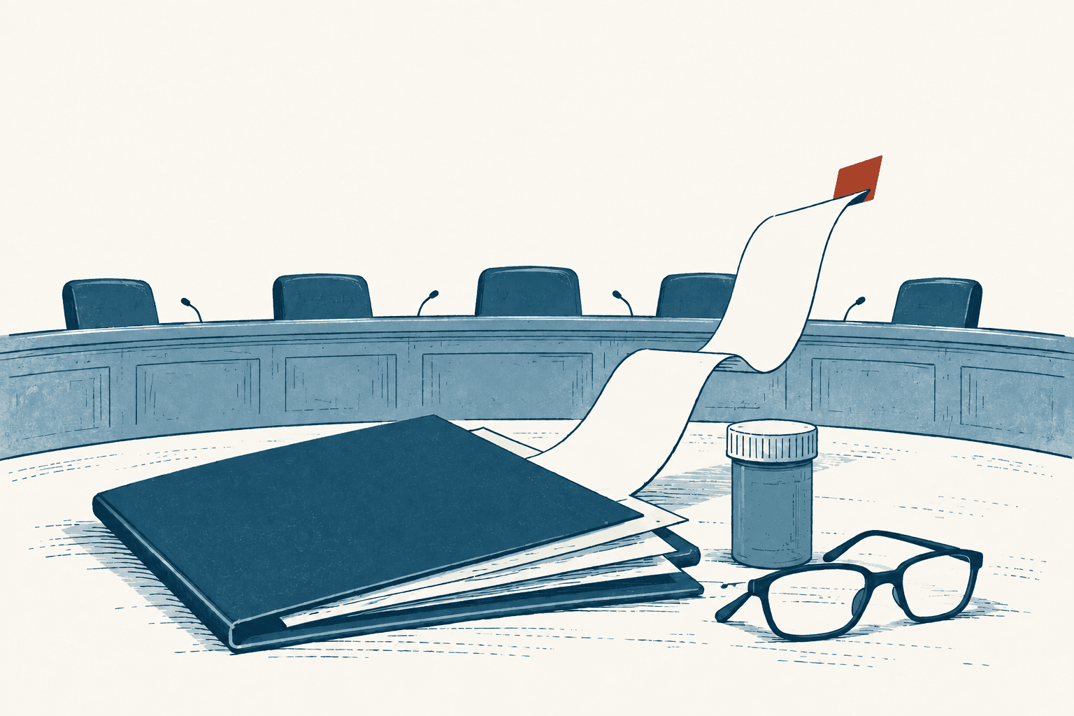 Stylized cream and navy illustration of an empty commissioners courtroom with medical paperwork, a prescription bottle, eyeglasses and a red-tipped chart rising from the table.