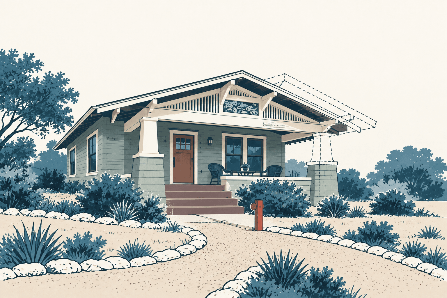 Stylized illustration of a historic bungalow surrounded by native landscaping, with dashed architectural lines extending part of the roof and porch.