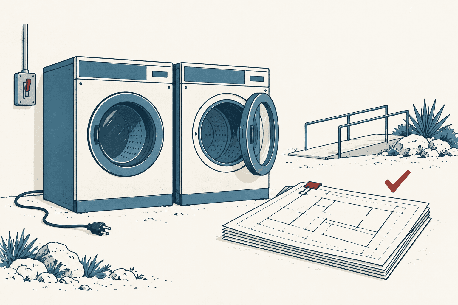 Stylized cream, navy and muted-blue illustration of two commercial washing machines beside accessibility plans, a check mark and an outdoor ramp.