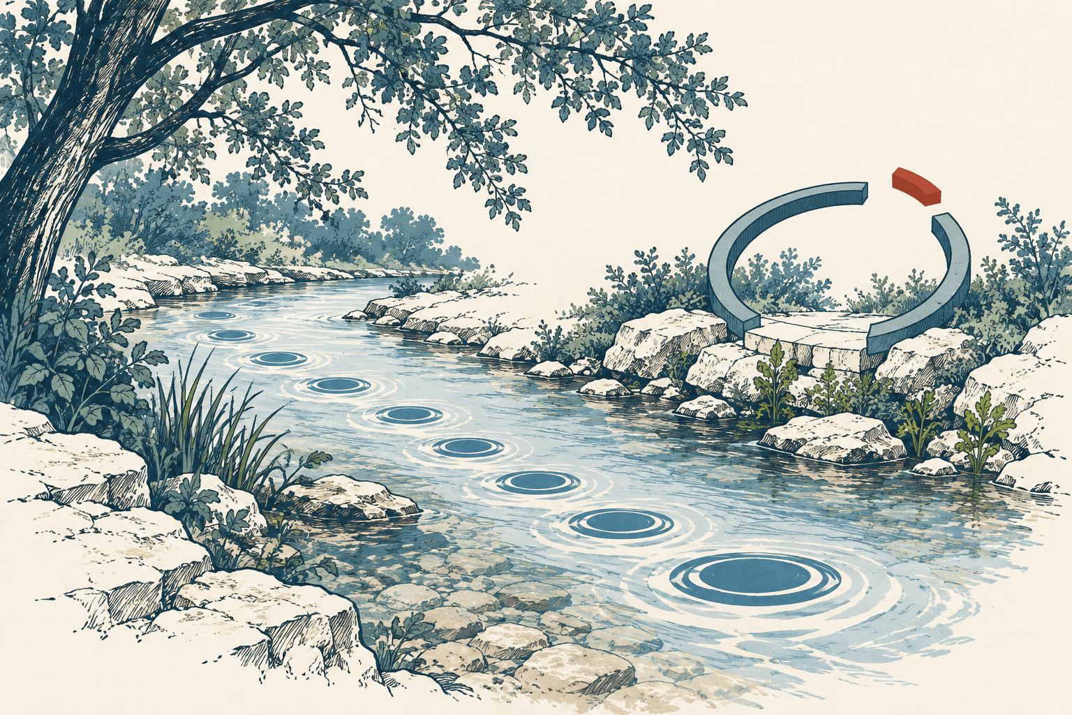Hand-drawn cream, navy, muted blue and rust illustration of a clear spring with widening ripples beside a partially filled circular budget symbol.