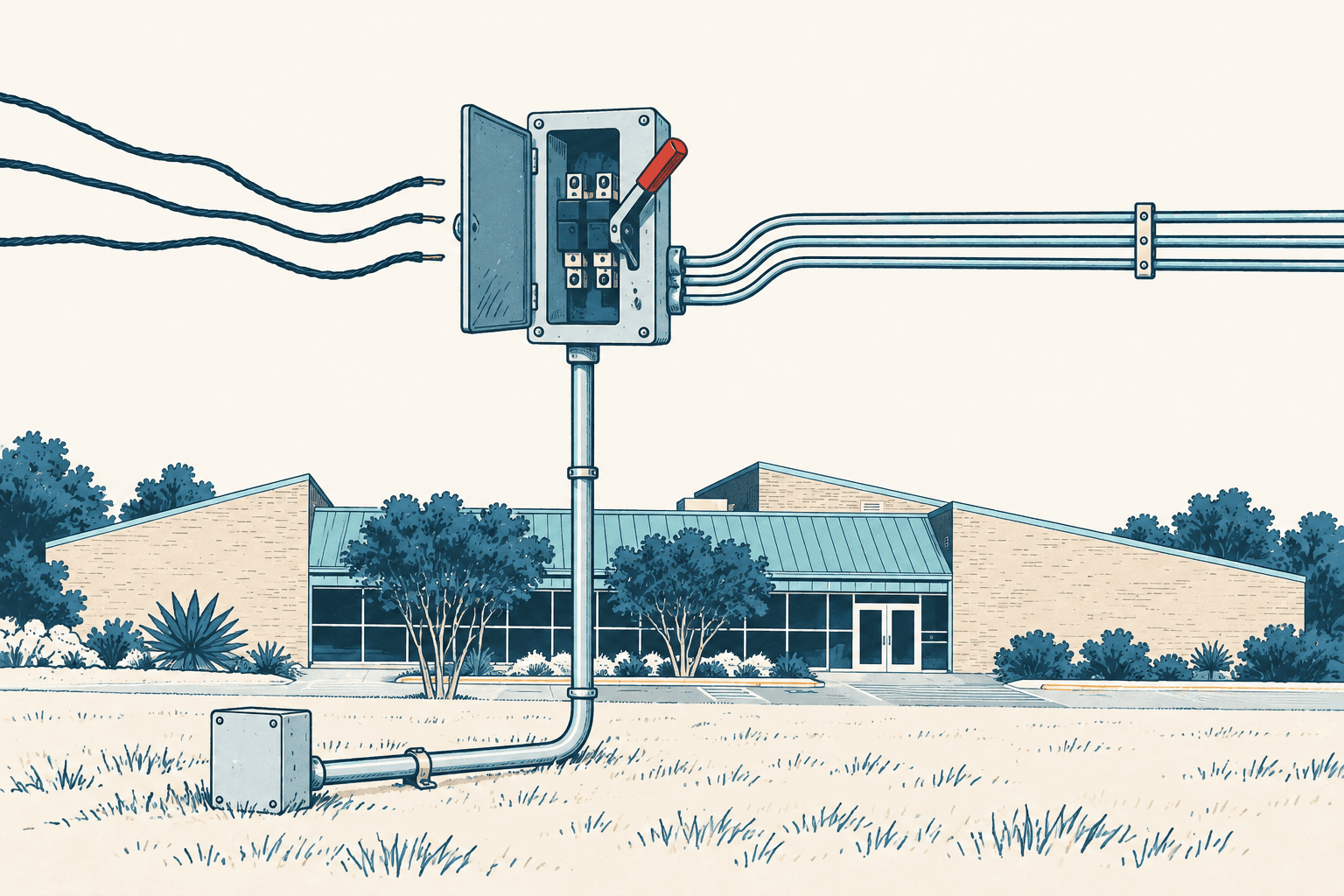 Stylized cream, navy and muted-blue illustration of an open electrical disconnect box and conduit in front of a municipal building, with no people or text.