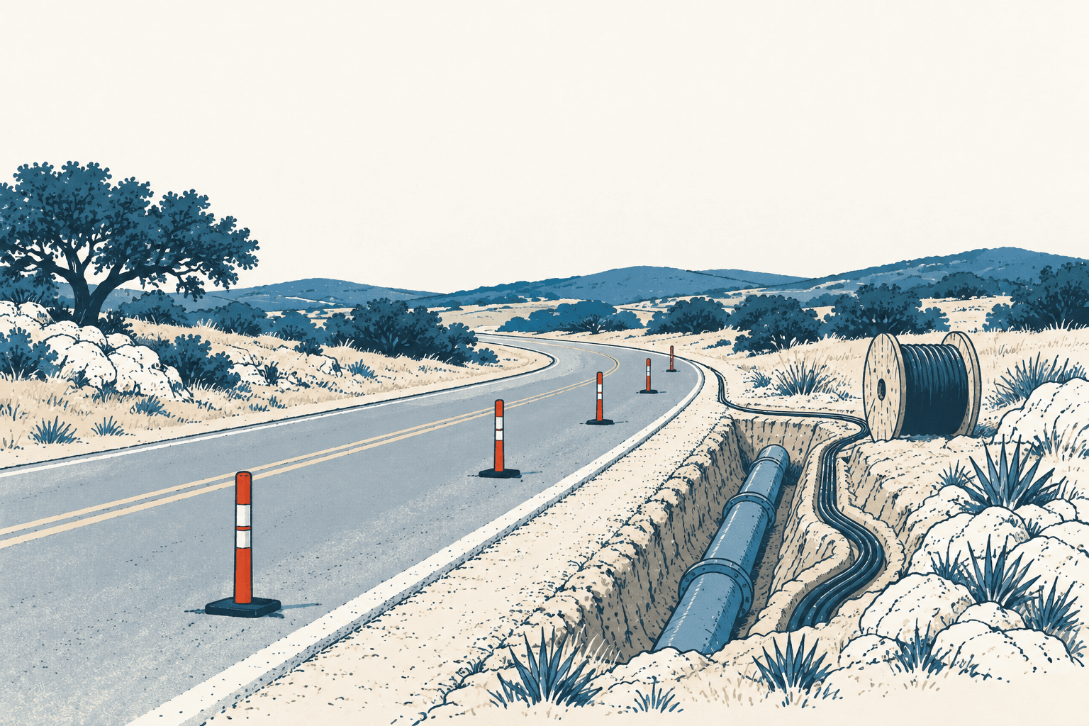 Stylized cream and muted-blue illustration of a winding rural road with traffic delineators, an open utility trench, water pipe and cable spool.