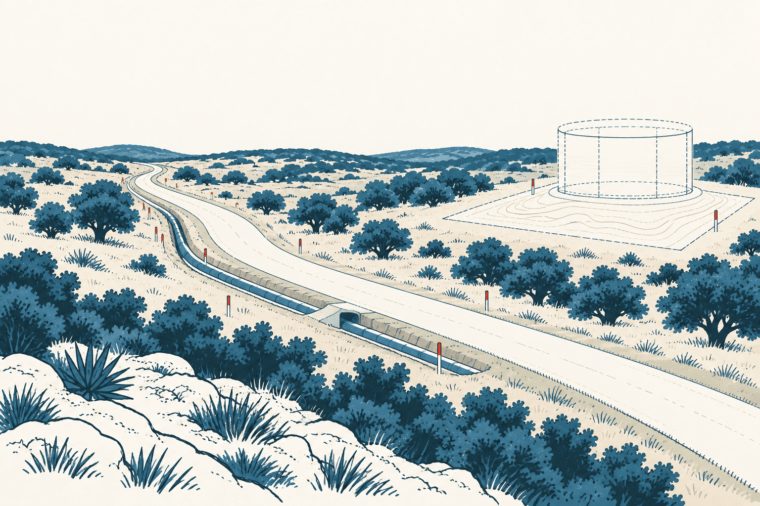 Stylized cream, navy and muted-blue landscape showing a pipeline alongside a winding rural road and the outline of a proposed cylindrical water tank.