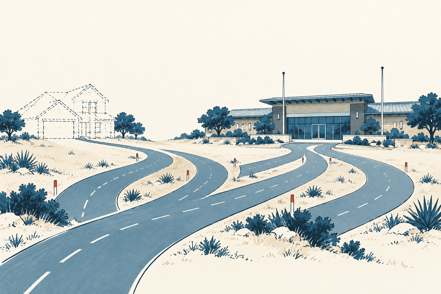 Blue roads curve through pale scrubland toward an outlined house and a modern civic building.