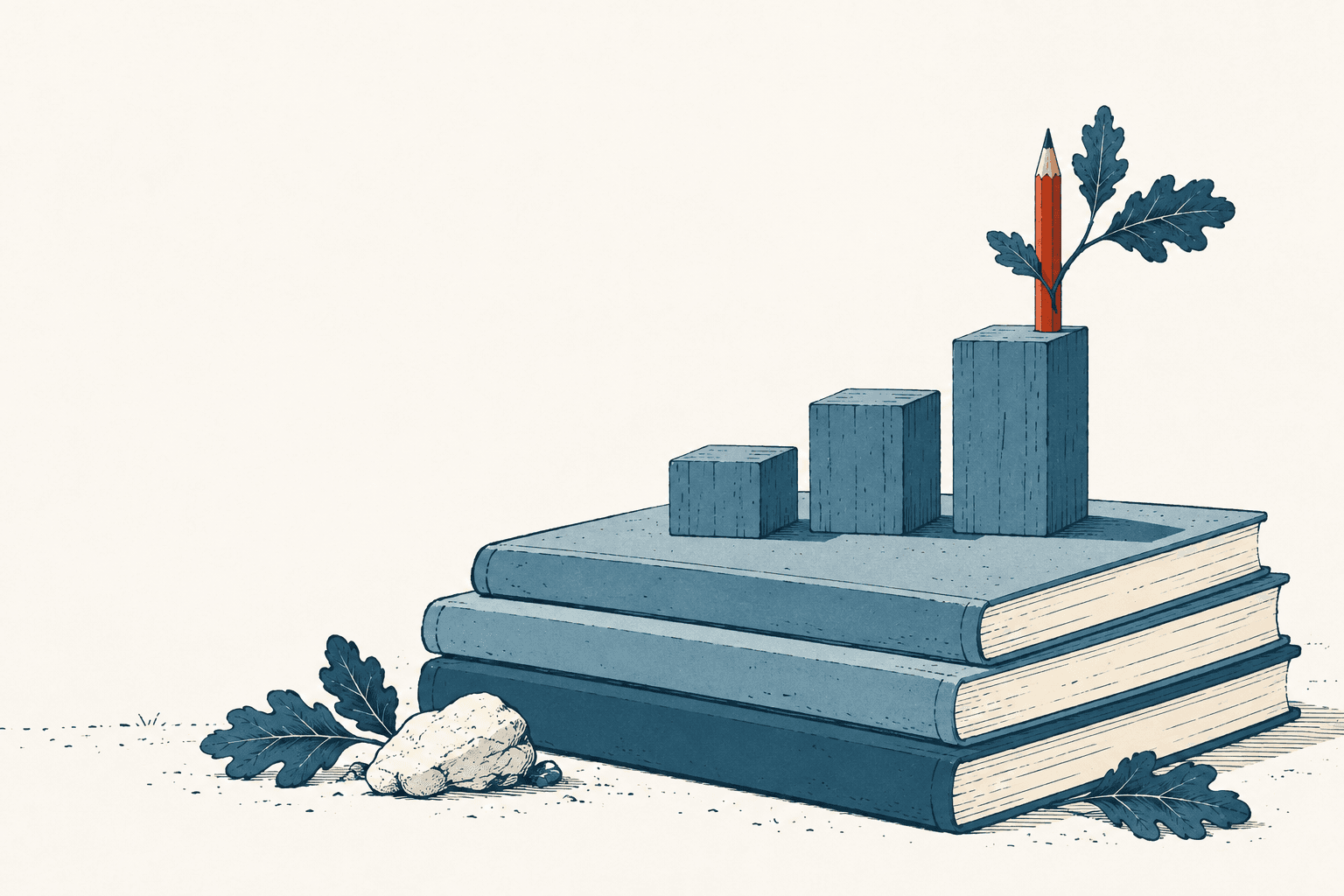 Three ascending blue bars stand on a stack of books, topped by a red pencil sprouting leafy branches.