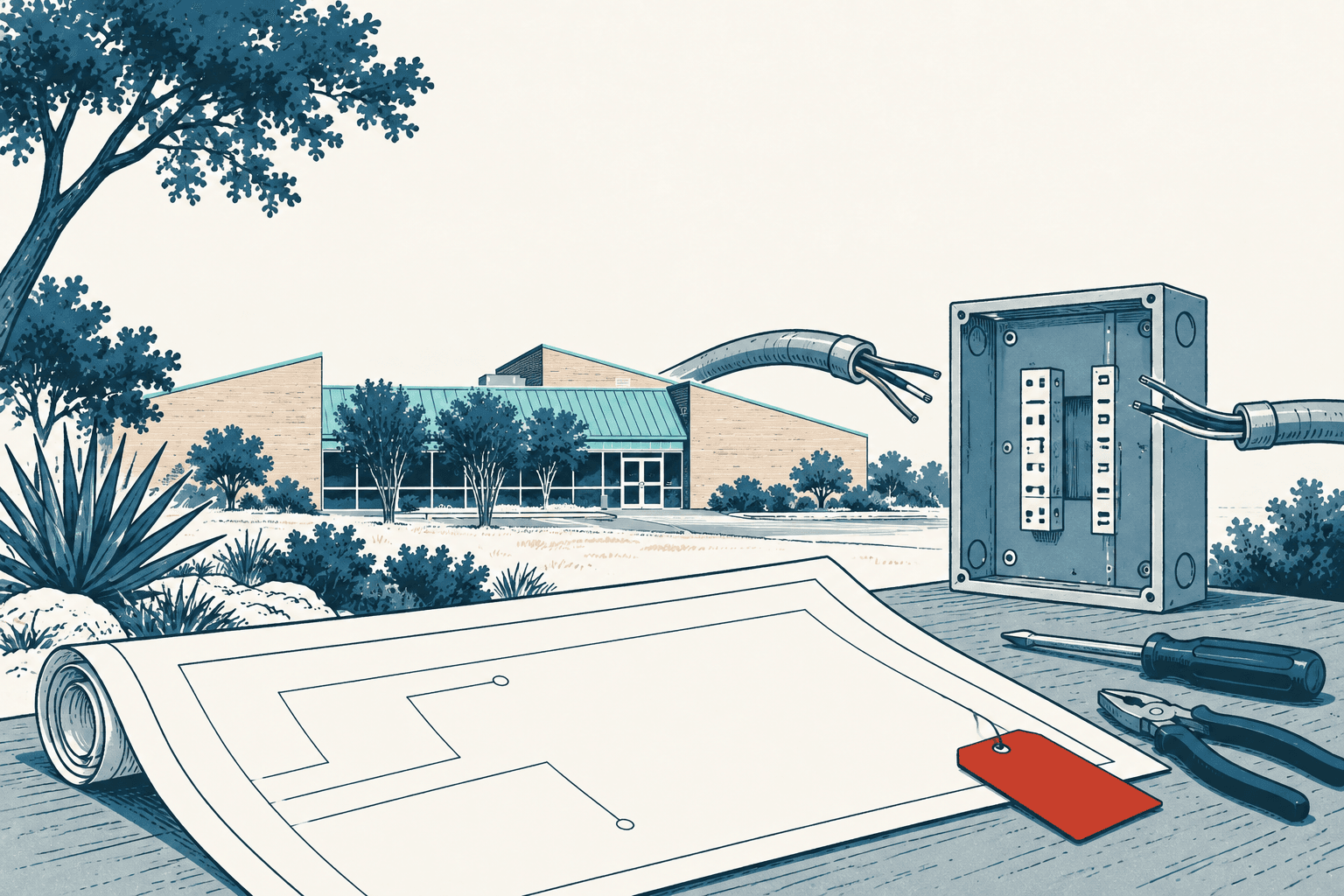 Stylized cream, navy and muted-blue illustration of electrical plans beside an open breaker panel, loose wiring and hand tools, with a municipal-style building in the background.