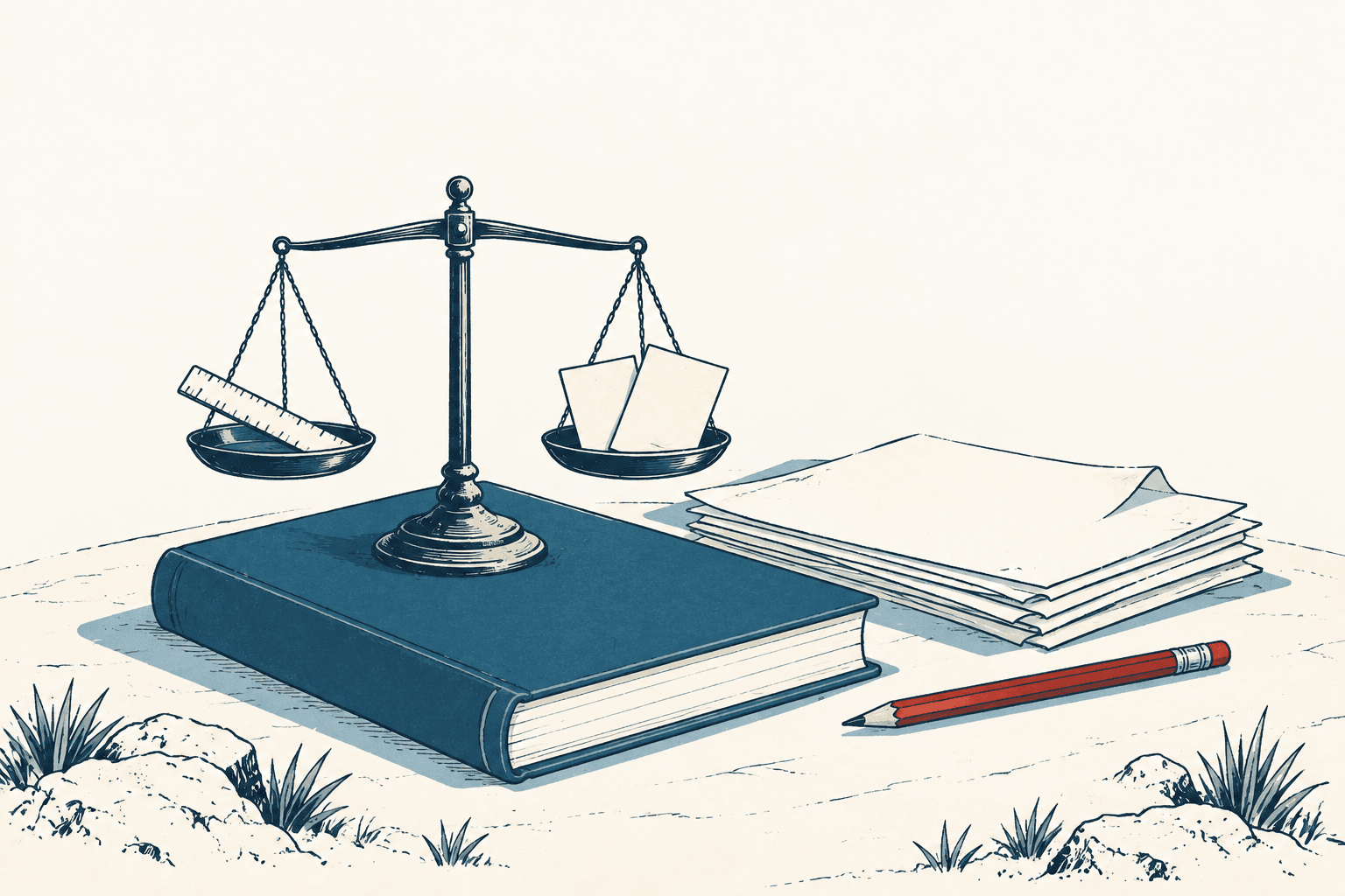 Editorial illustration of a balance scale holding a ruler and papers above a closed handbook, with loose documents and a red pencil on a cream background.