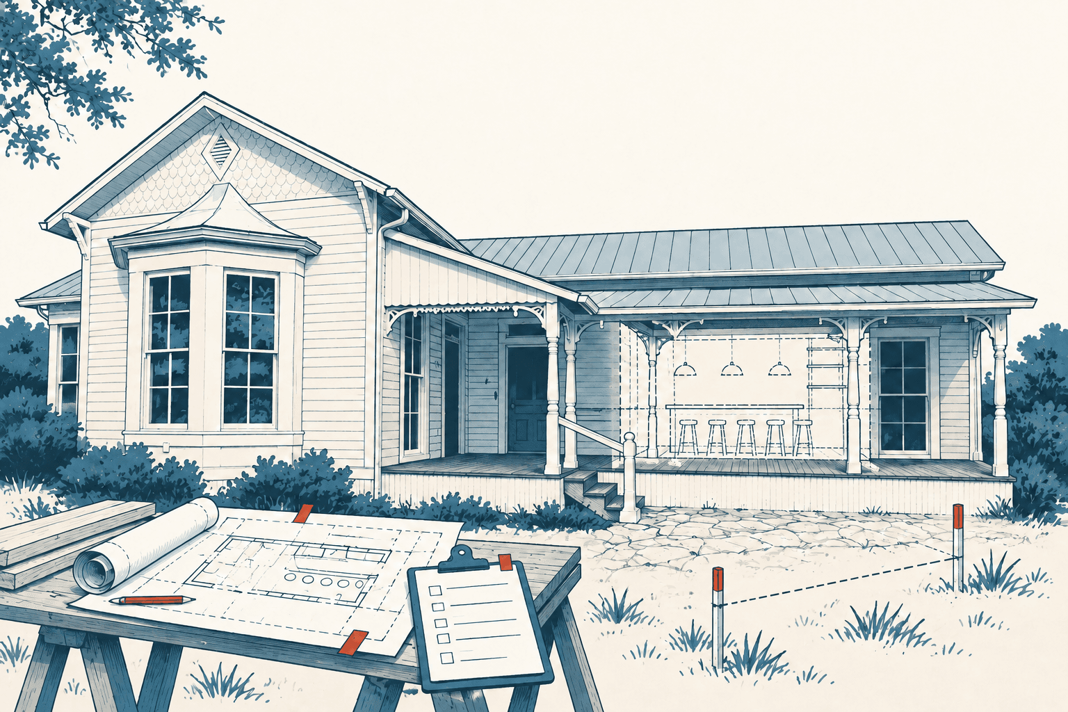 Airy cream and muted-blue illustration of a historic building with a planned open-air bar, with blueprints and an unchecked project checklist in the foreground.