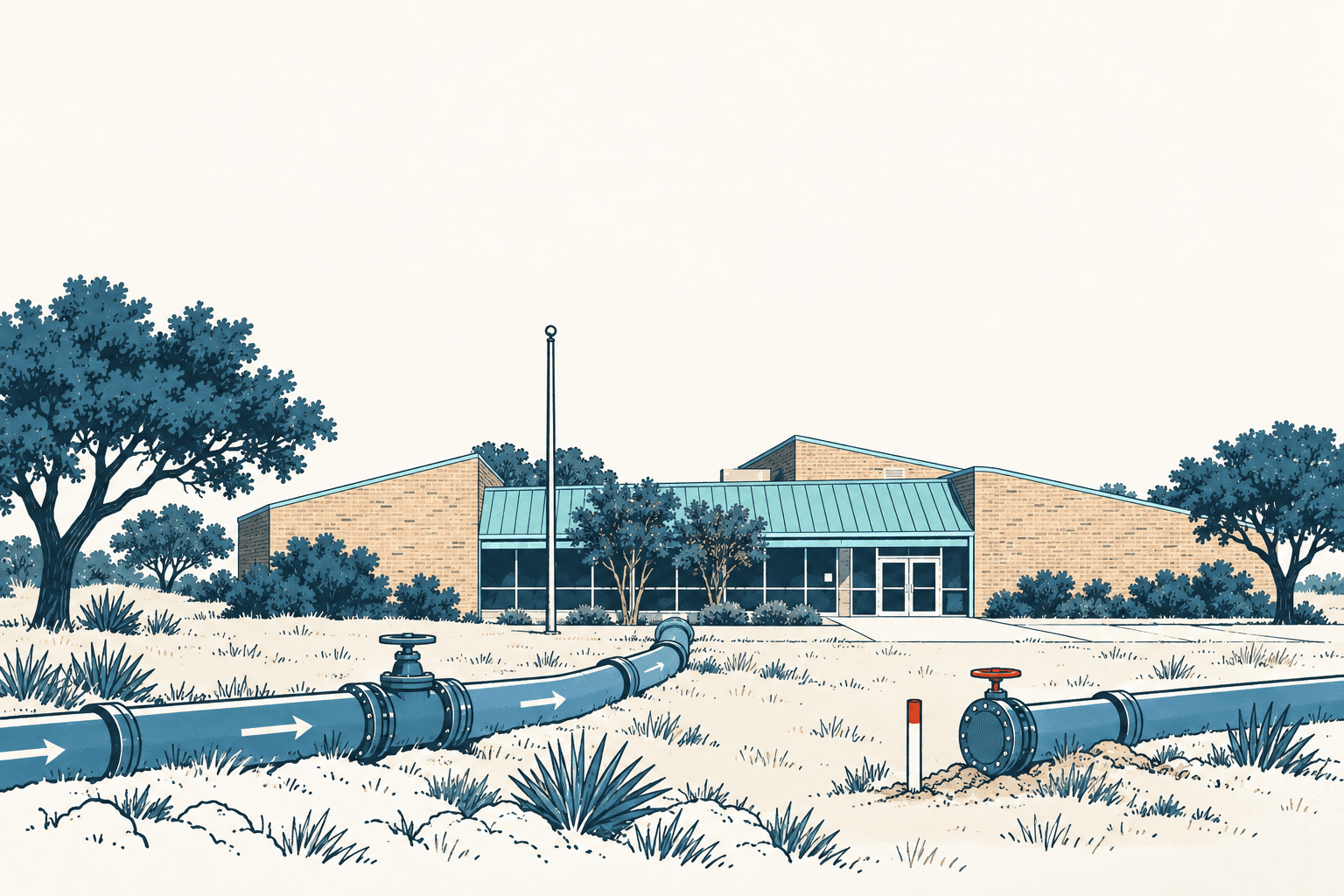 Airy cream, navy and muted-blue illustration of large water pipelines and valves crossing dry grass in front of a municipal utility building.