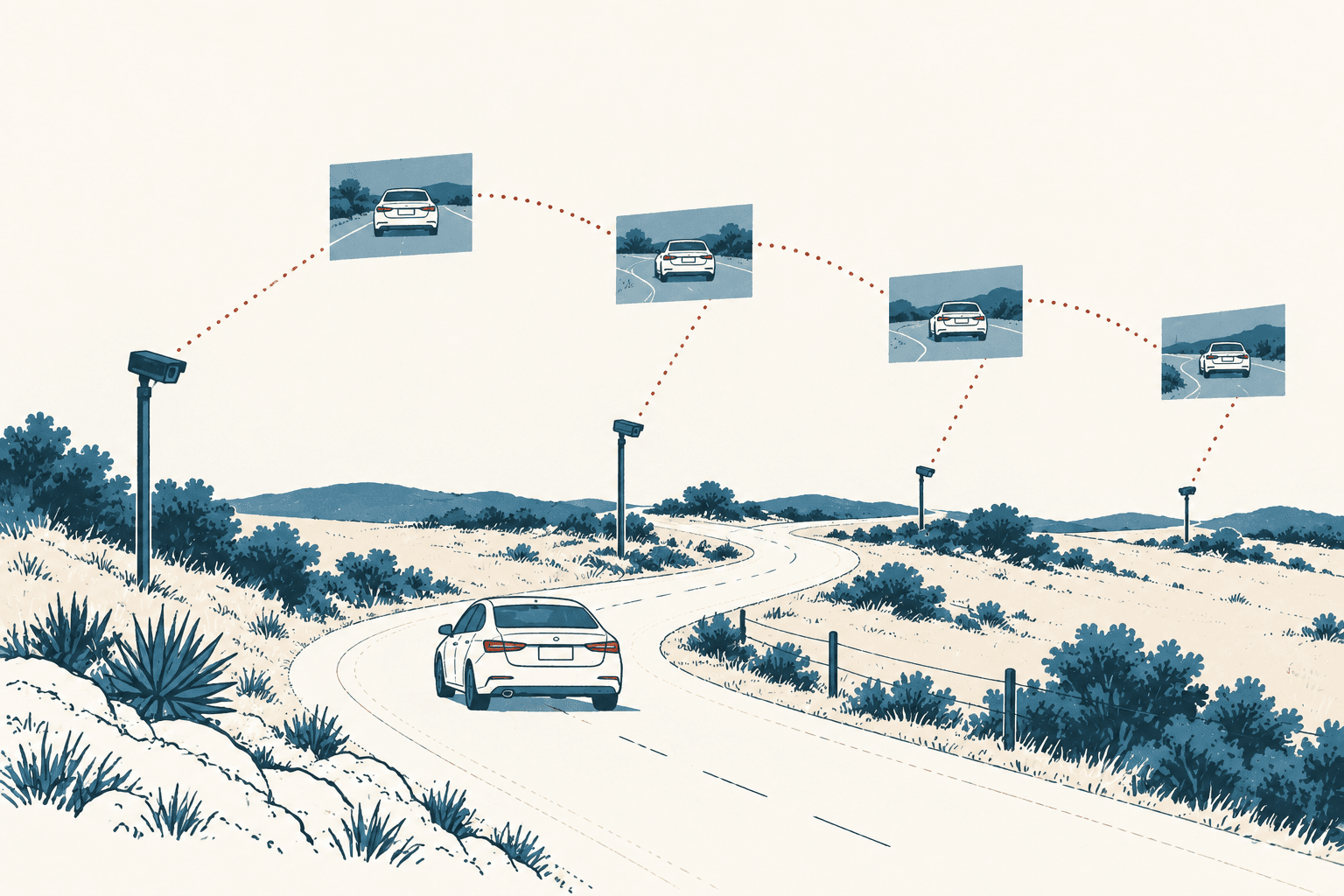 A white car travels along a winding road past four cameras, with dotted lines connecting them to inset views of the car.