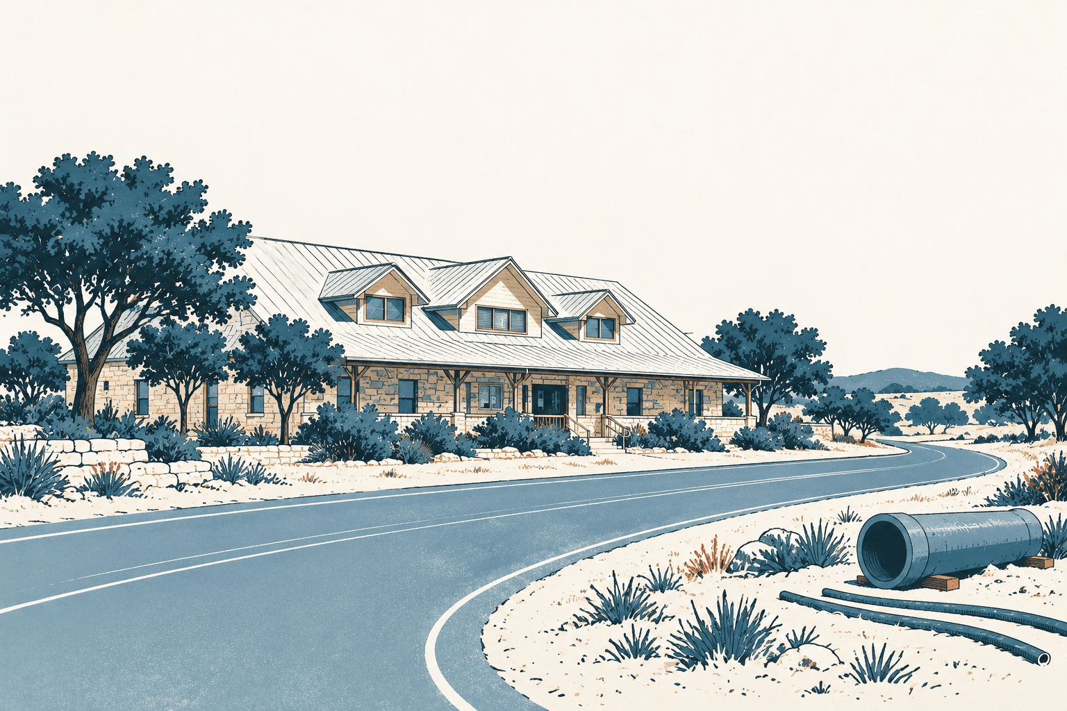 Blue and cream illustration of a curving road beside a stone building, trees, shrubs and water pipes.