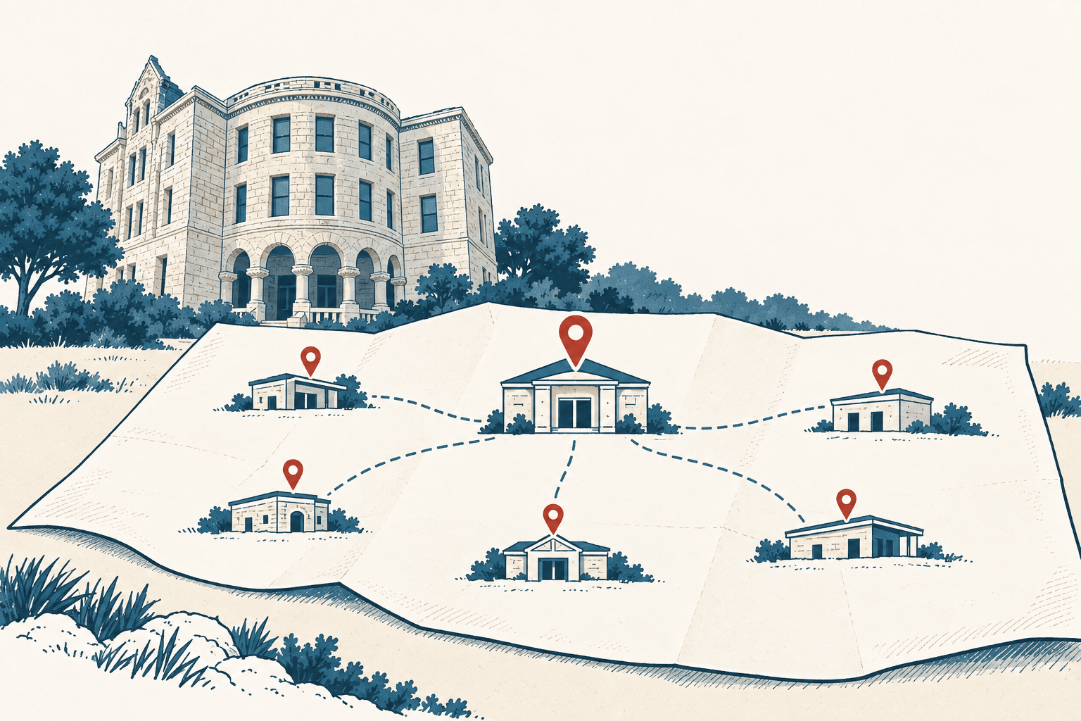 Illustration of a county government building above a folded map showing six connected voting-site locations marked with red pins.