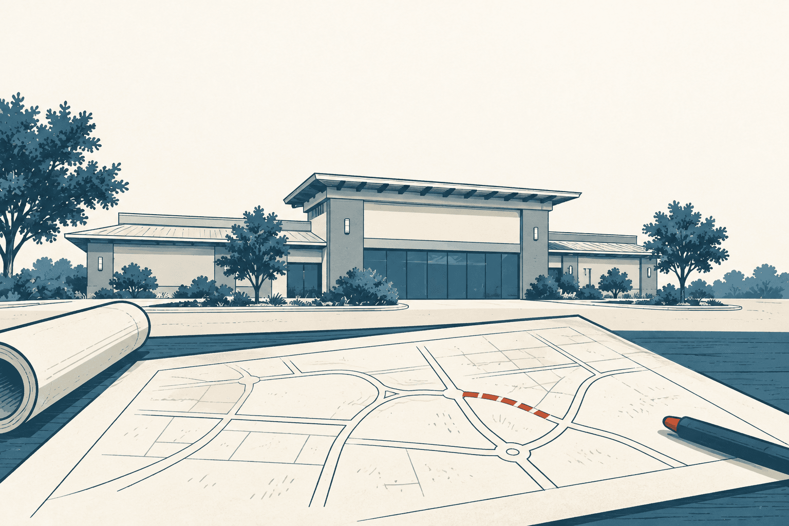 A road map and pen lie in the foreground before a modern civic building, with trees and shrubs in muted blue tones.