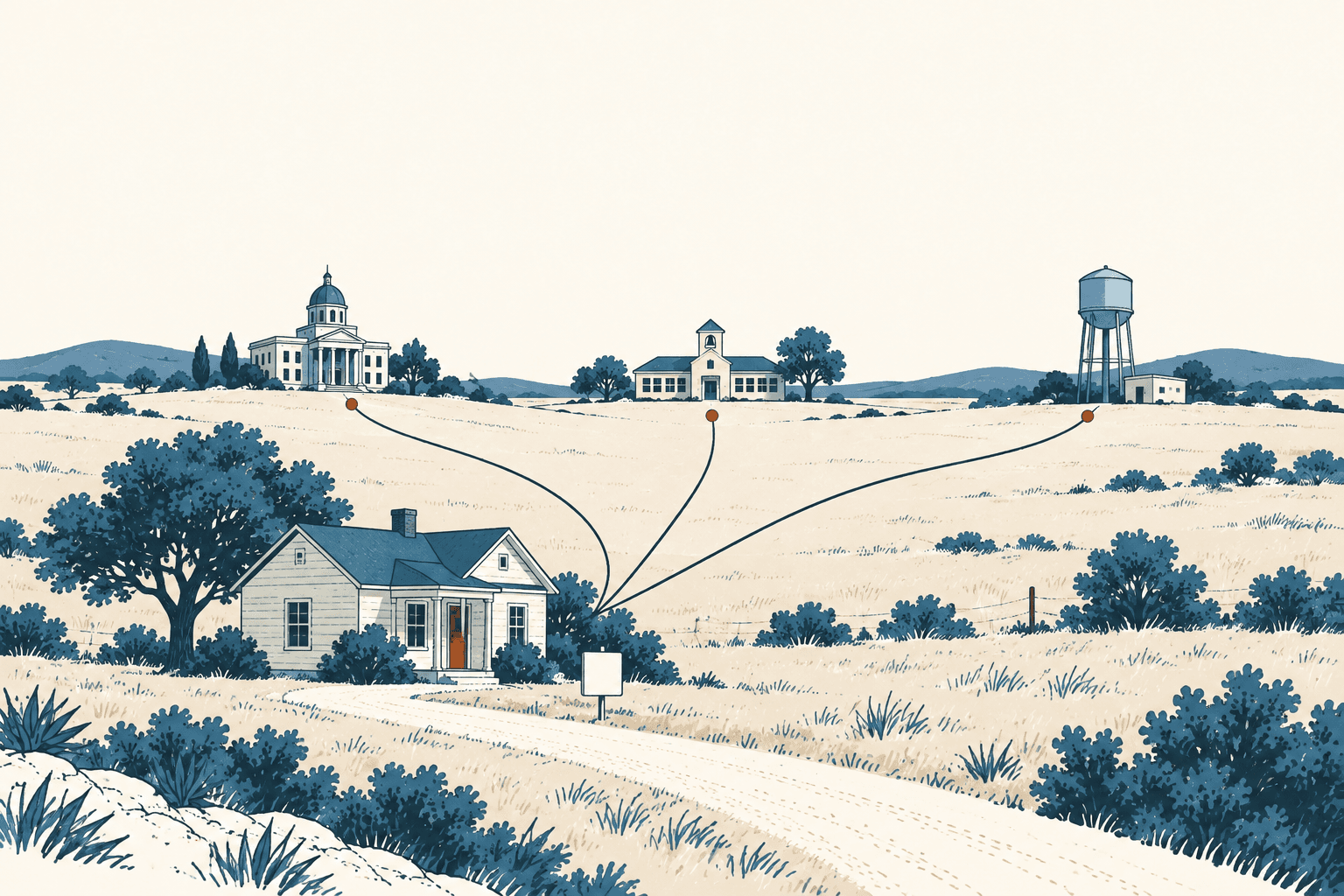 A house in a pale Texas landscape is linked by curved lines to a civic building, a school, and a water tower.