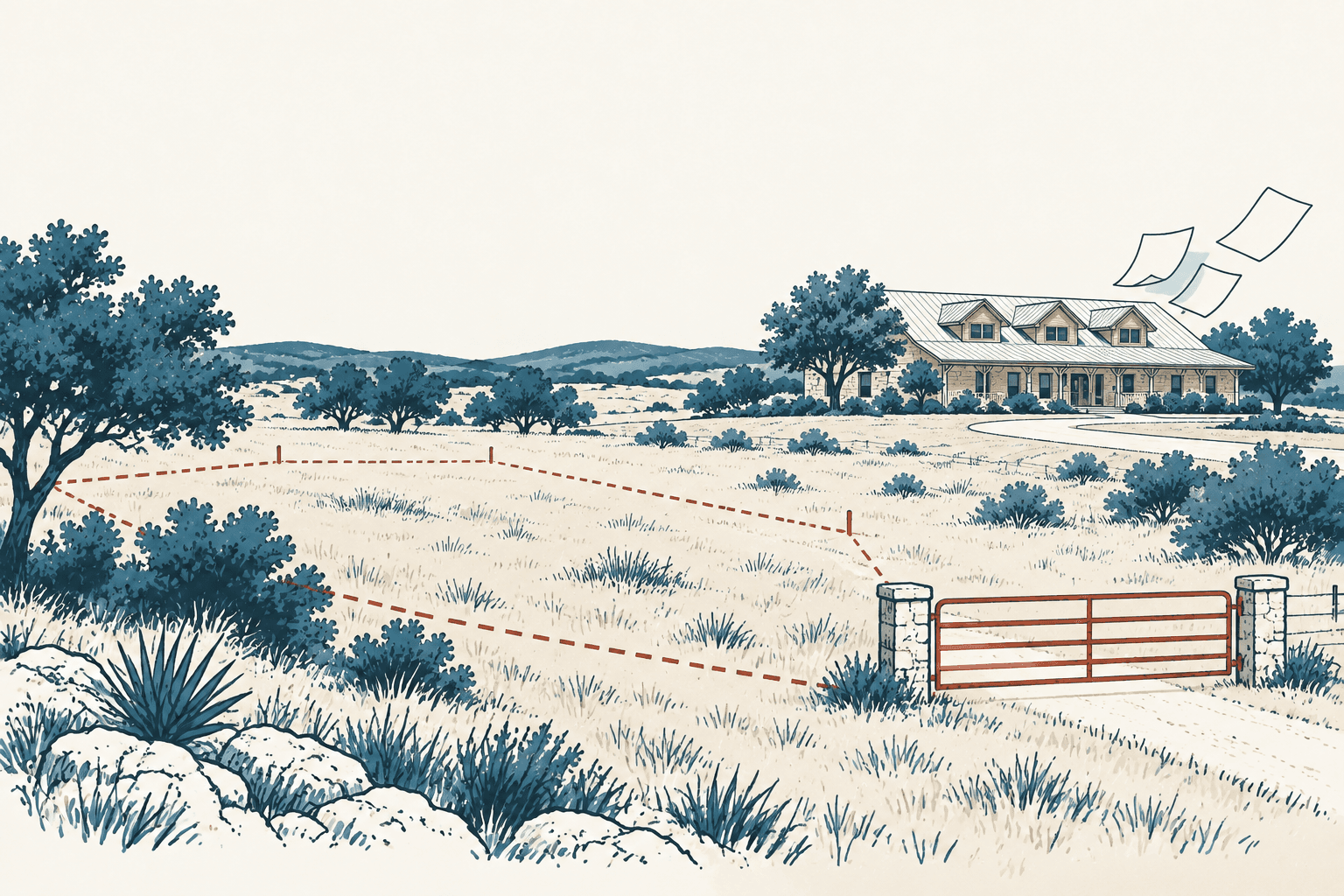 Ink illustration of a cream-colored field with blue trees, a distant building, a rust-colored gate, a dashed boundary, and loose sheets of paper.