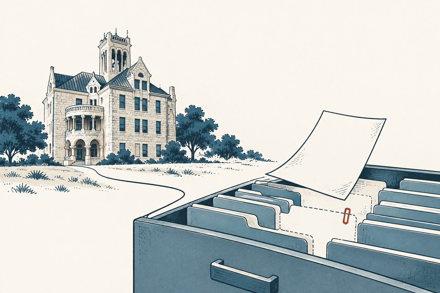 Stylized cream and muted-blue illustration of a county government building behind an open records drawer, with a blank sheet lifted above the files.