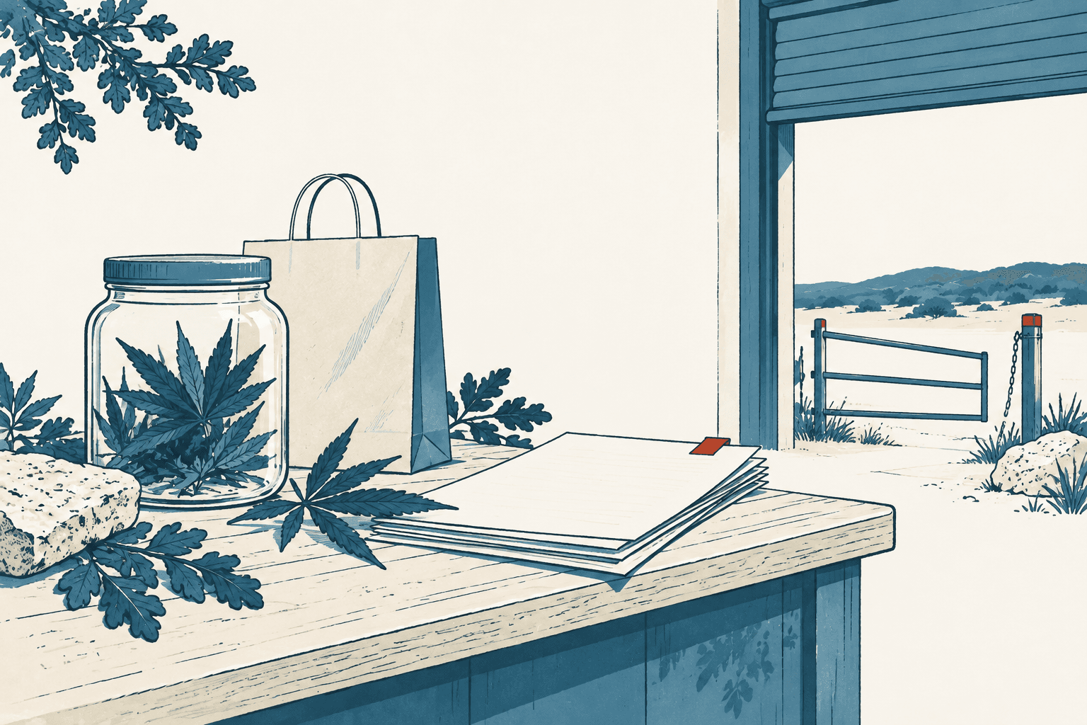 Airy cream and navy illustration of hemp leaves, a glass jar, shopping bag and paperwork on a shop counter overlooking a rural gate and hills.