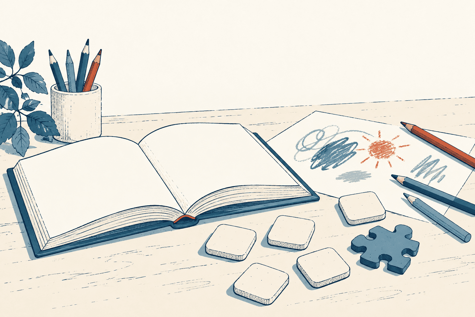 An open blank book, colored pencils, a sheet with crayon drawings, square game tiles and a puzzle piece on a cream tabletop.
