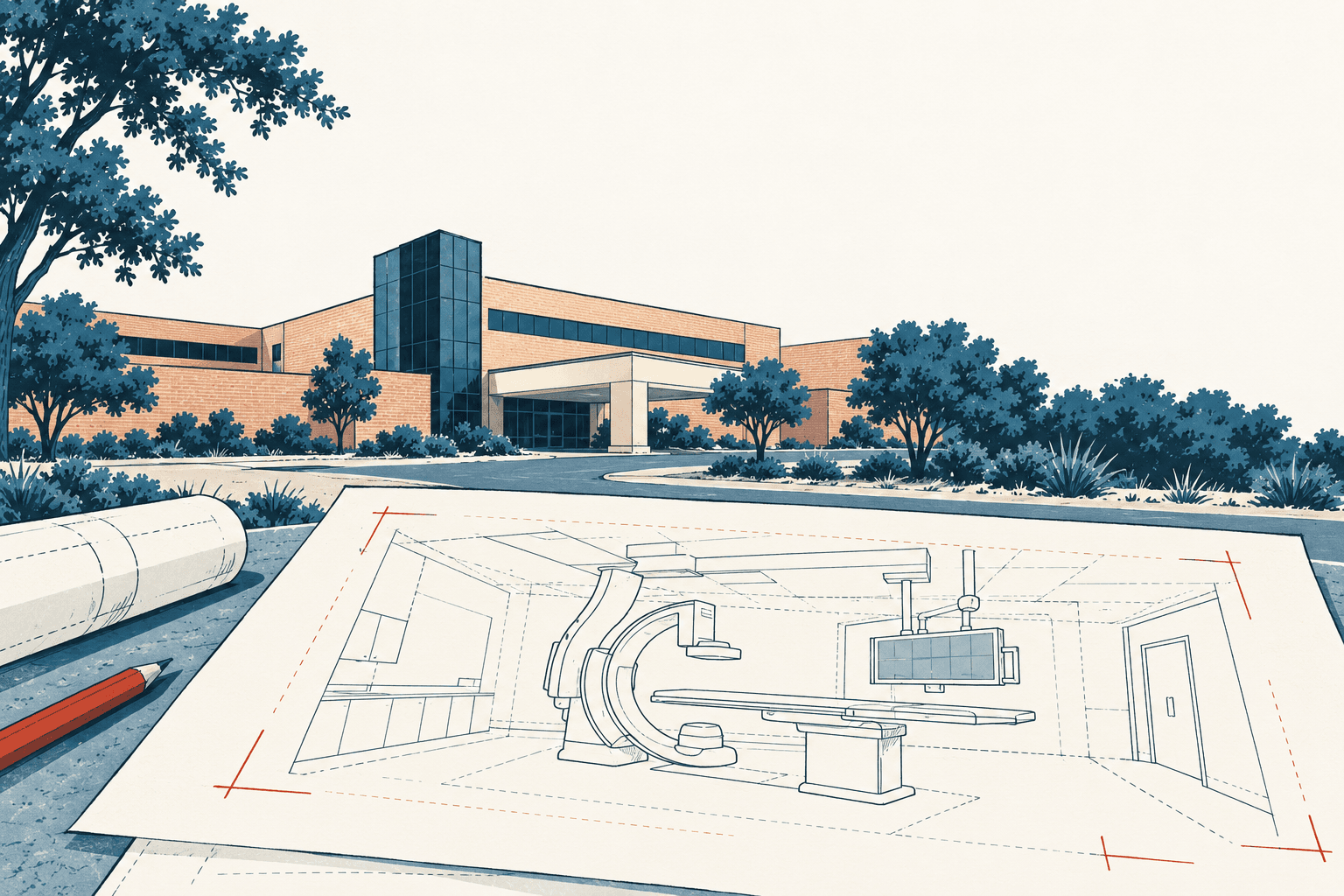 Ink-style illustration of a hospital building behind an architectural drawing of a cath lab, with imaging equipment and a procedure table.