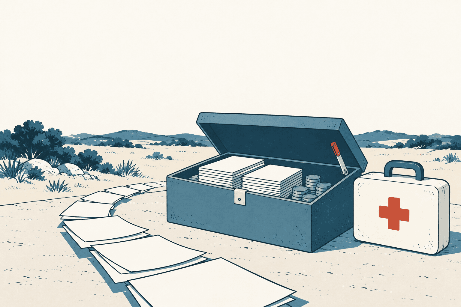An open blue cash box holding stacks of claim papers and coins sits beside a white first-aid case, with more papers spread across a rural landscape.