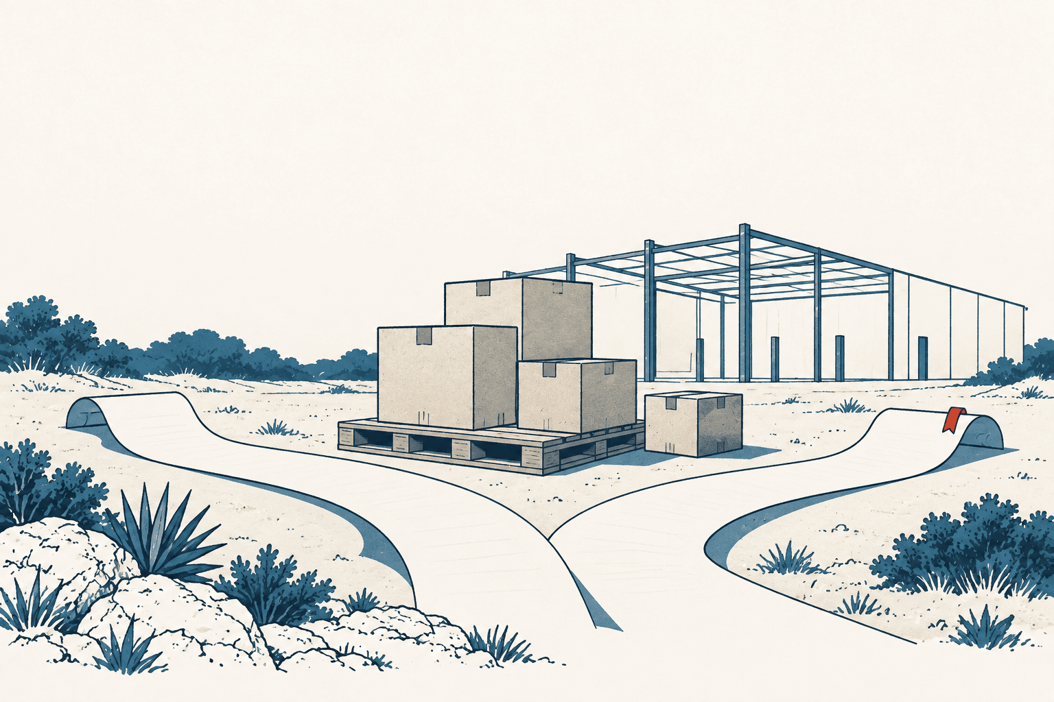 An airy cream-and-navy illustration of shipping boxes on pallets beside branching paths, with a steel-framed logistics warehouse in the background.
