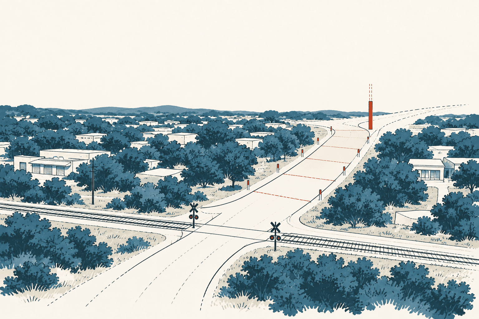 Stylized cream and muted-blue illustration of a broad suburban roadway crossing railroad tracks, with trees, low buildings and red roadside markers.