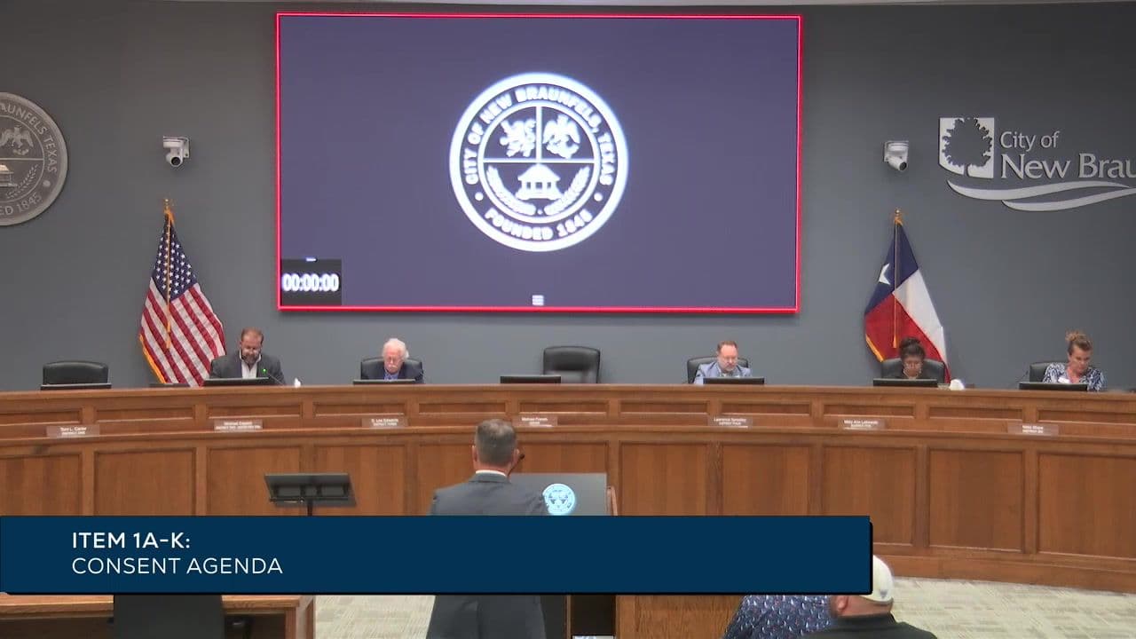 Official frame showing the New Braunfels City Council dais during the Sept. 14, 2026 meeting.