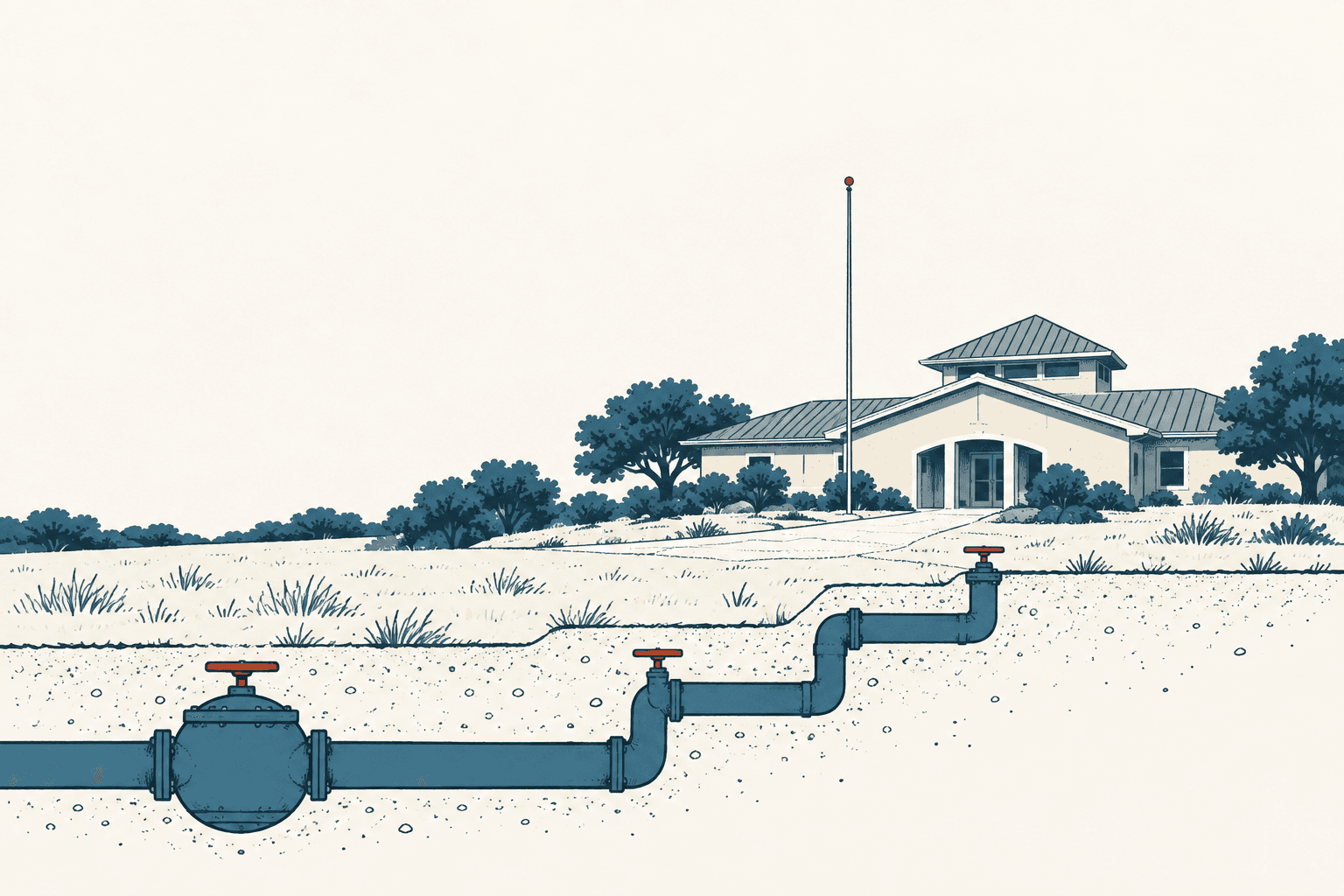 Stylized cream and muted-blue illustration of underground wastewater pipes and valves leading toward a municipal utility building.