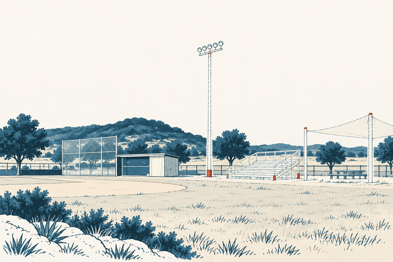 Airy cream, navy and muted-blue illustration of an empty sports park with tall field lights, metal bleachers, a shaded dugout and Hill Country terrain.