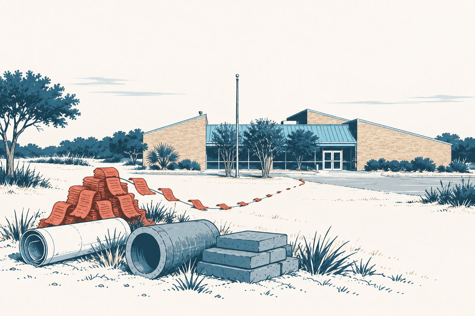 Stylized cream, navy and muted-blue illustration of a municipal building with concrete pipes, paving blocks and a winding ribbon of receipts in the foreground.