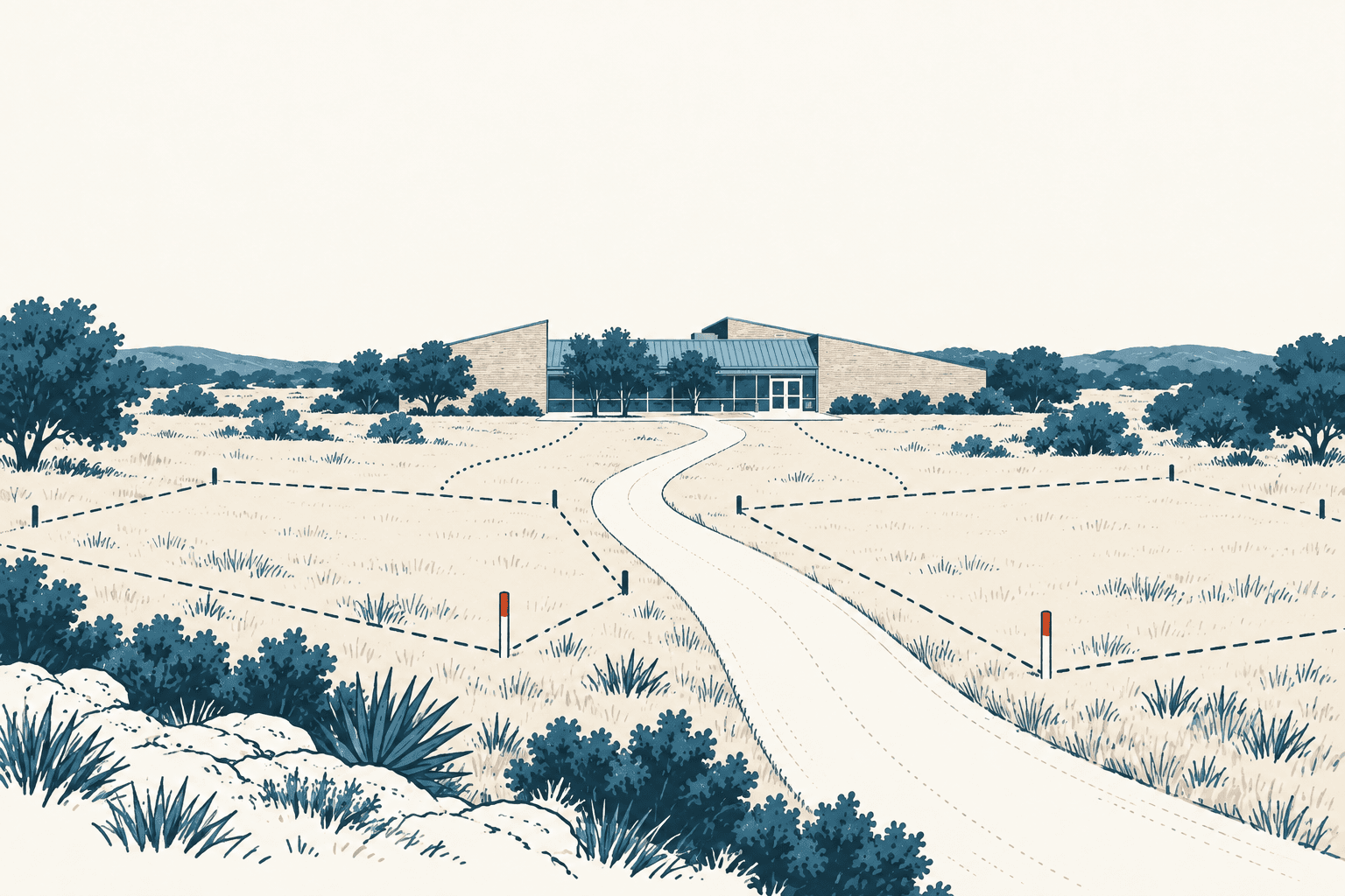Stylized cream and navy illustration of a modern building reached by a winding road through fenced rural tracts, with shrubs and low hills surrounding the site.