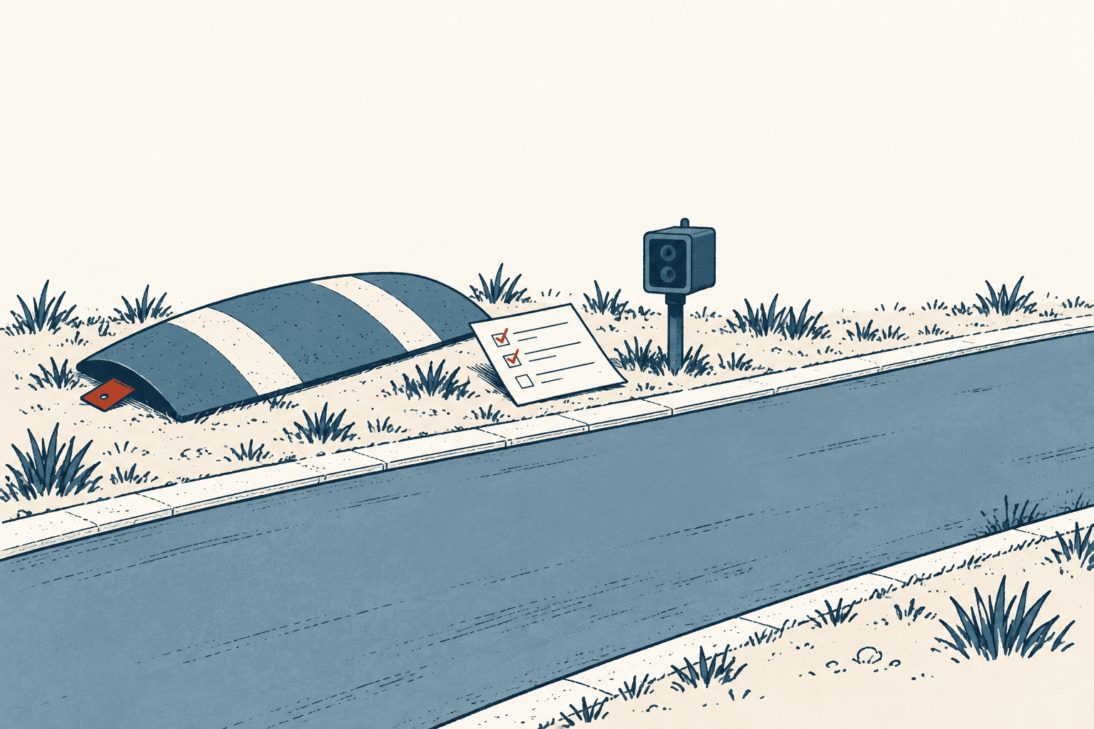 Airy cream, navy, and muted-blue illustration of a speed hump beside a road, with a checklist and traffic counter on the verge.